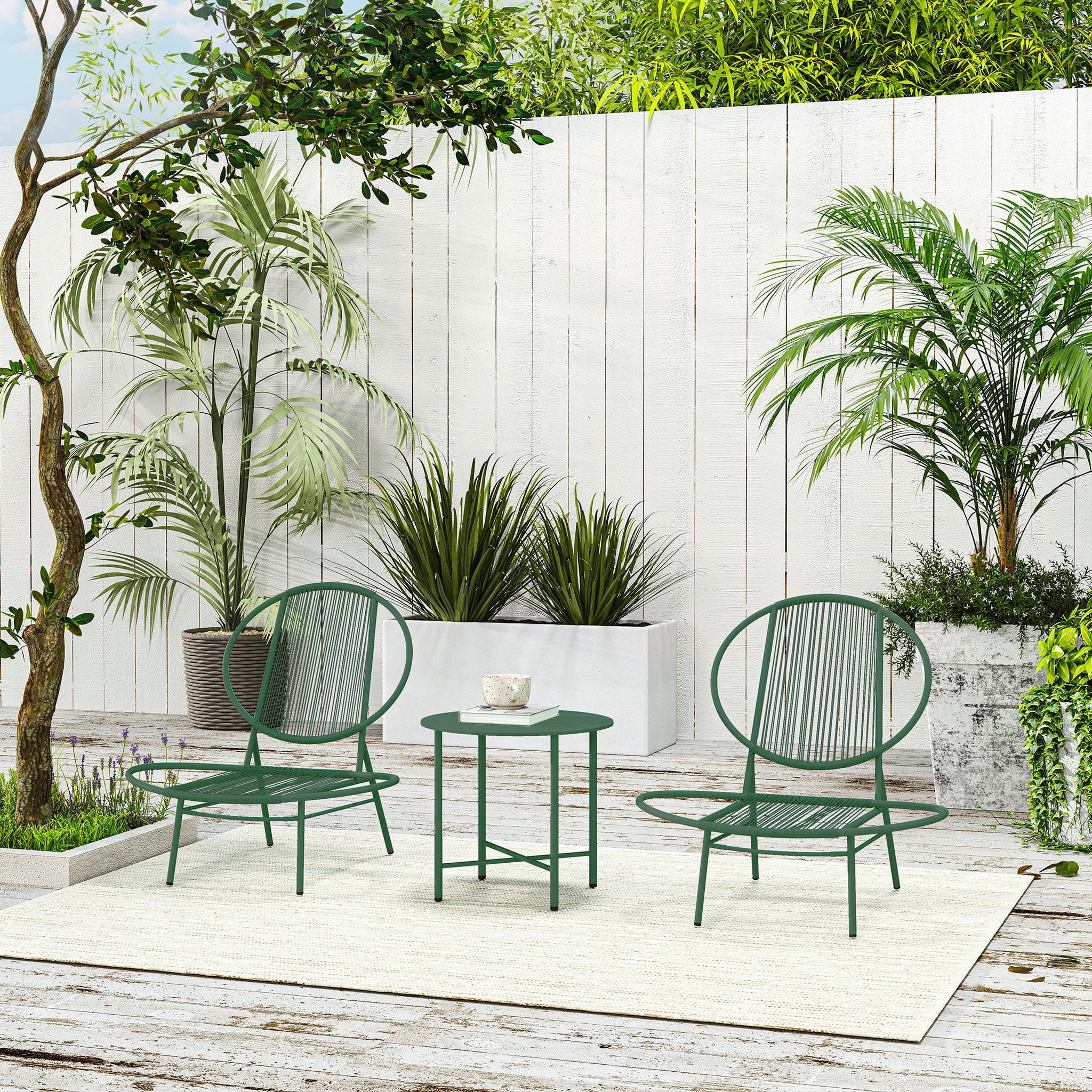 Voir la diapositive 2 : OUTSUNNY Ensemble salon de jardin design acapulco 2 personnes 3 pièces acier pe filaire vert