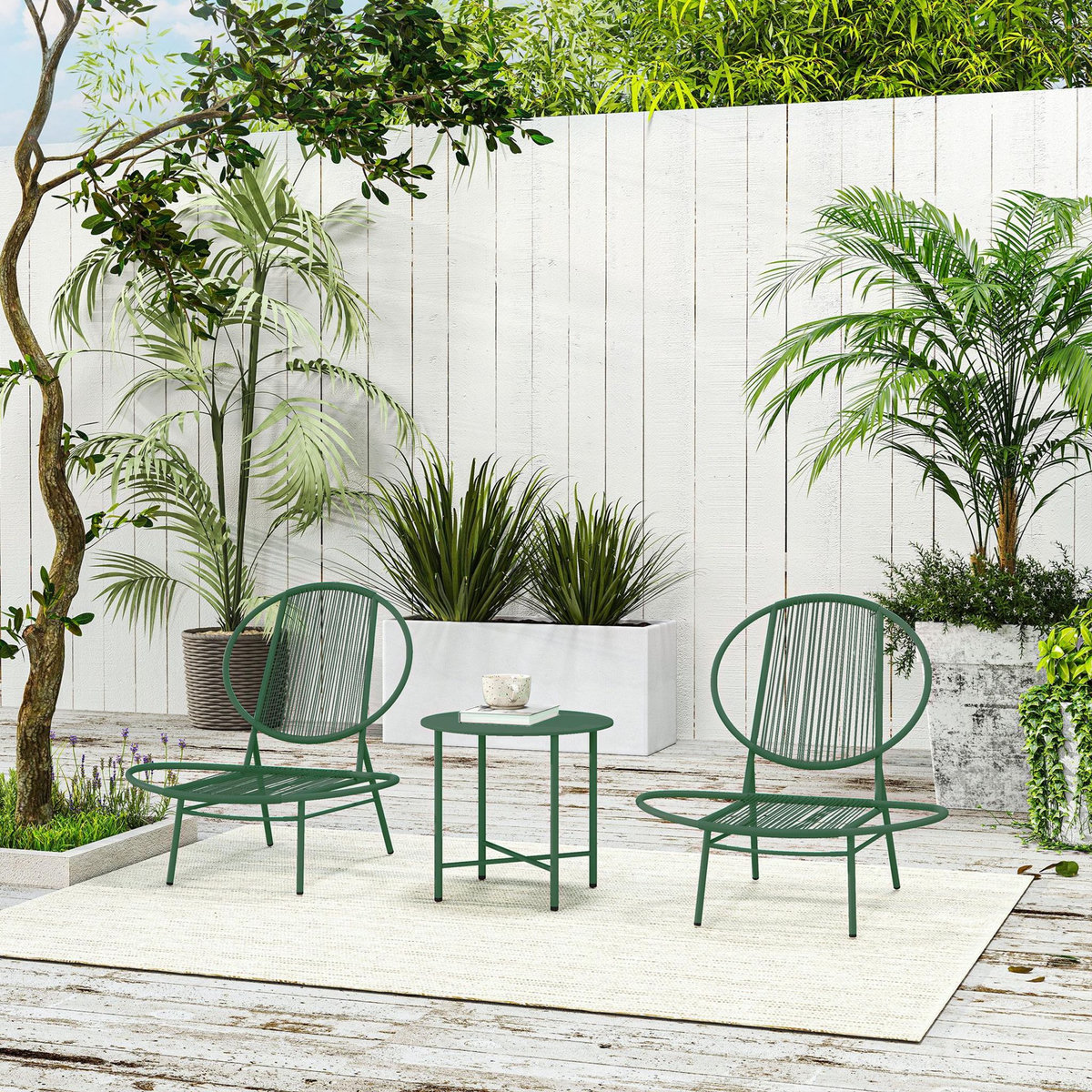 OUTSUNNY Ensemble salon de jardin design Acapulco 2 personnes 3 pièces acier PE filaire vert