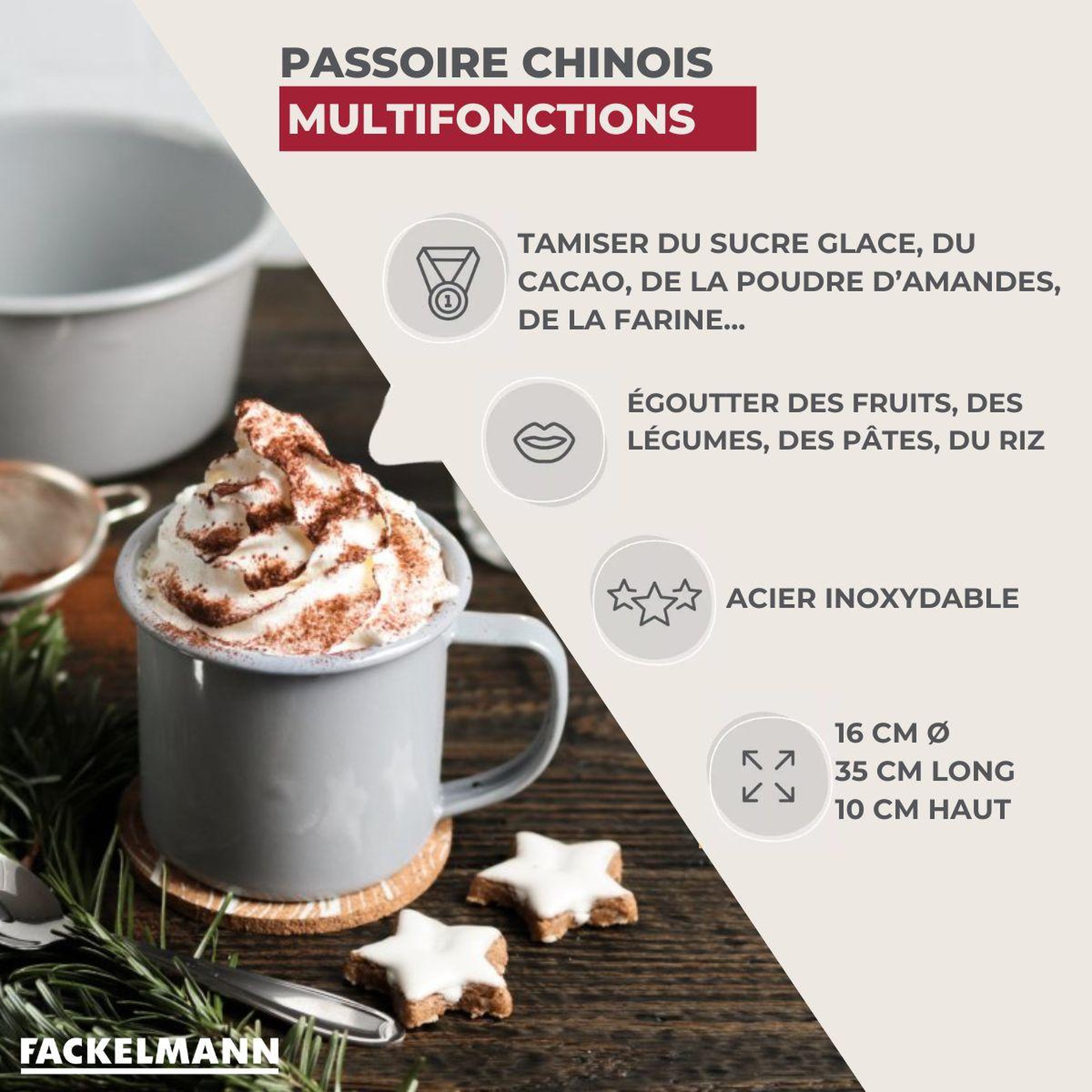 Voir la diapositive 3 : Fackelmann Passoire chinois 16 cm de diamètre en inox fackelmann