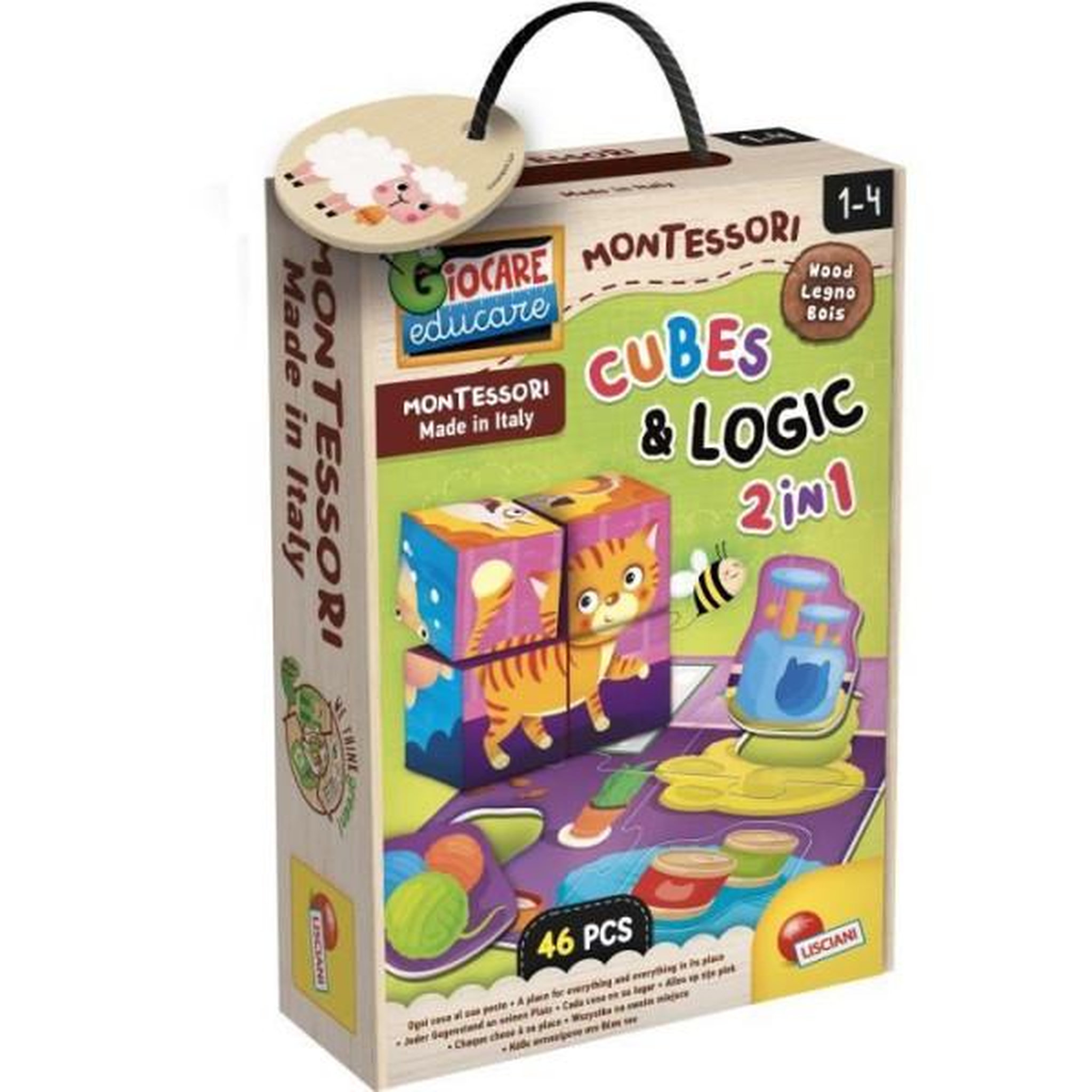 LISCIANI GIOCHI Jeu éducatif 2-en-1 - lisciani - montessori baby bois - cubes et logique - animaux et associations - des 2 ans