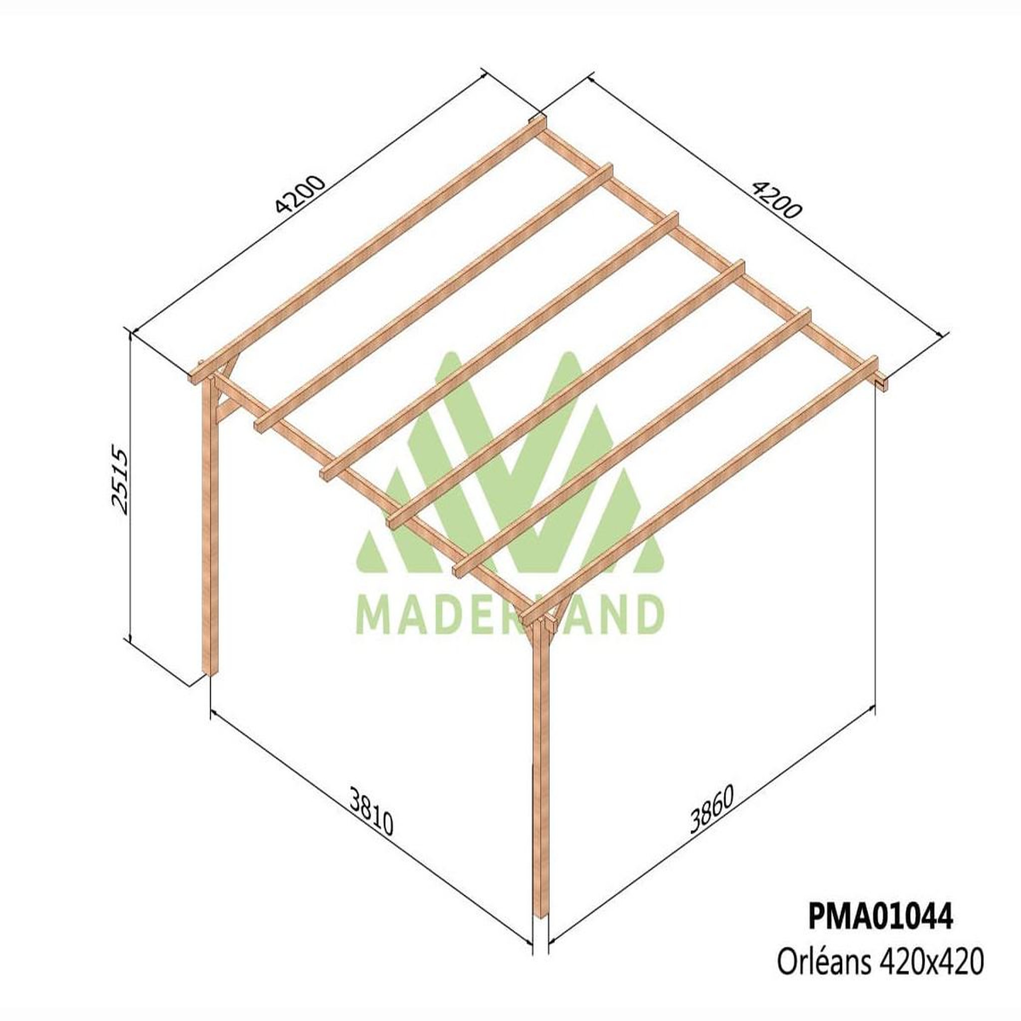 Voir la diapositive 2 : JARDIDECO Pergola adossée en bois massif orléans 420 x 420 cm - maderland