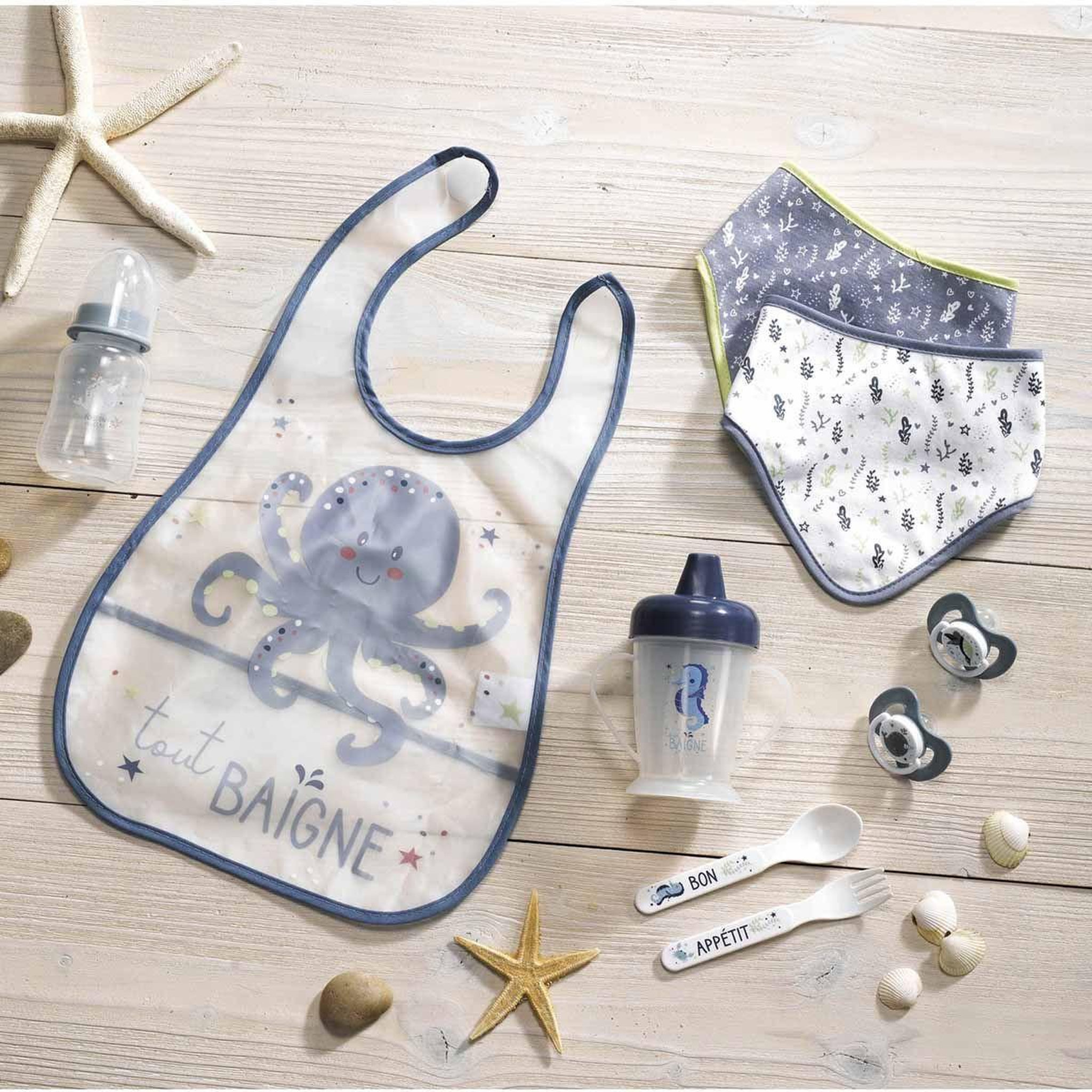Voir la diapositive 3 : BEBE DOUCEUR Lot de 2 bavoirs bandana  océan  41cm bleu