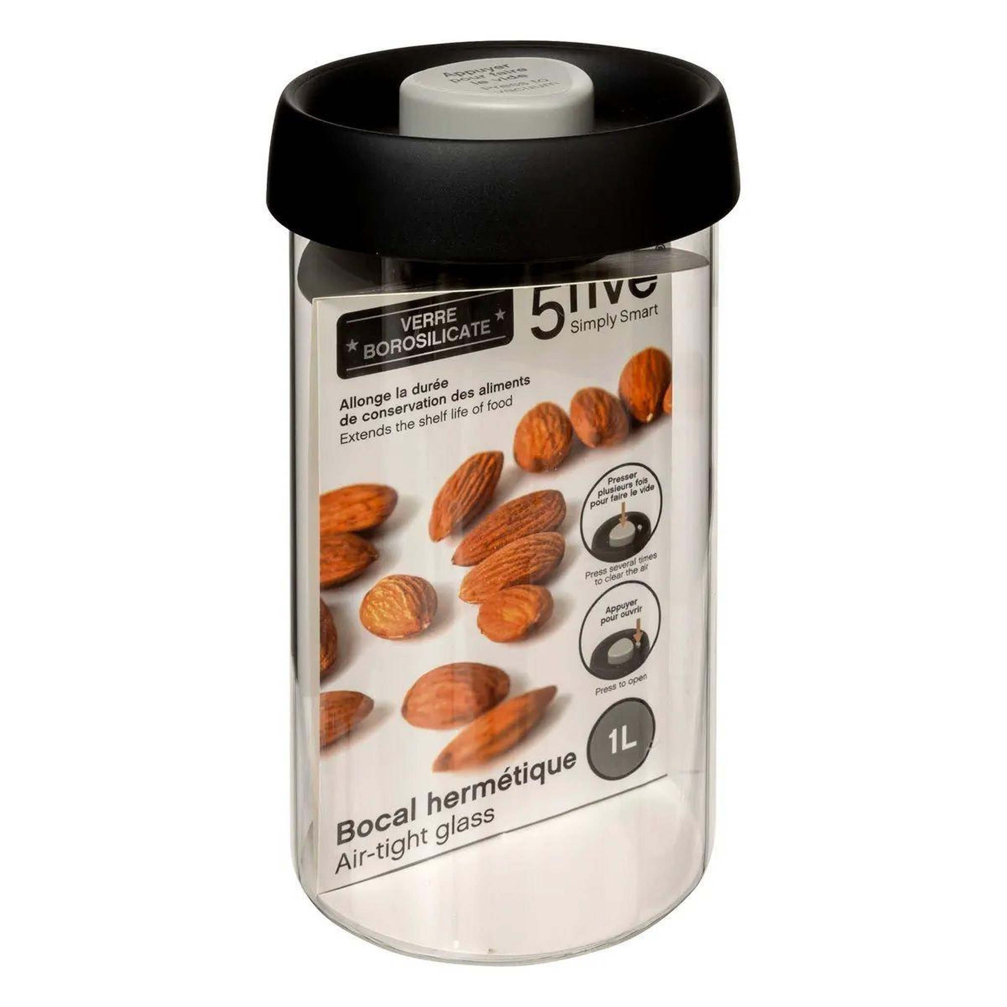 Voir la diapositive 3 : FIVE Bocal en verre  hermet  1l transparent & noir