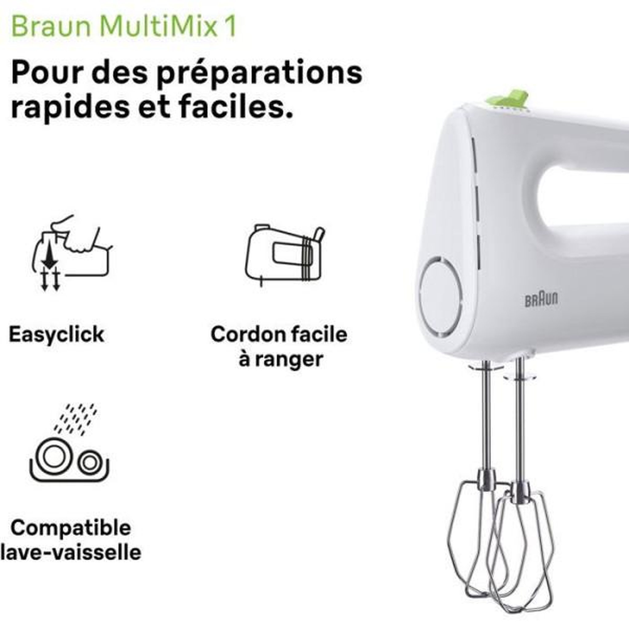 Voir la diapositive 2 : BRAUN Batteur Fouet Electrique  éléctrique - BRAUN - HM1100WH MultiMix 1 - 450 W - 4 vitesses + turbo - Blanc