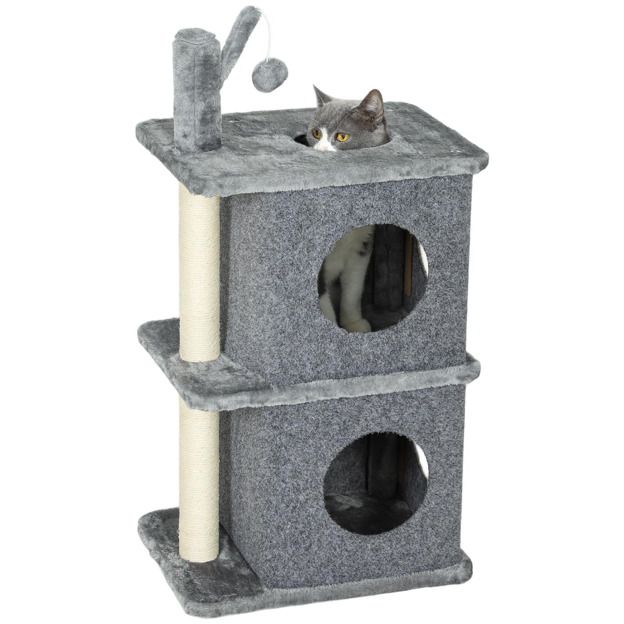 PAWHUT Arbre à chat à 3 niveaux hauteur 80 cm, tour pour chat avec 2 niches et surface de repos confortable, balle amovible, poteau en sisal et peluche douce, pour animal 5 kg, gris foncé