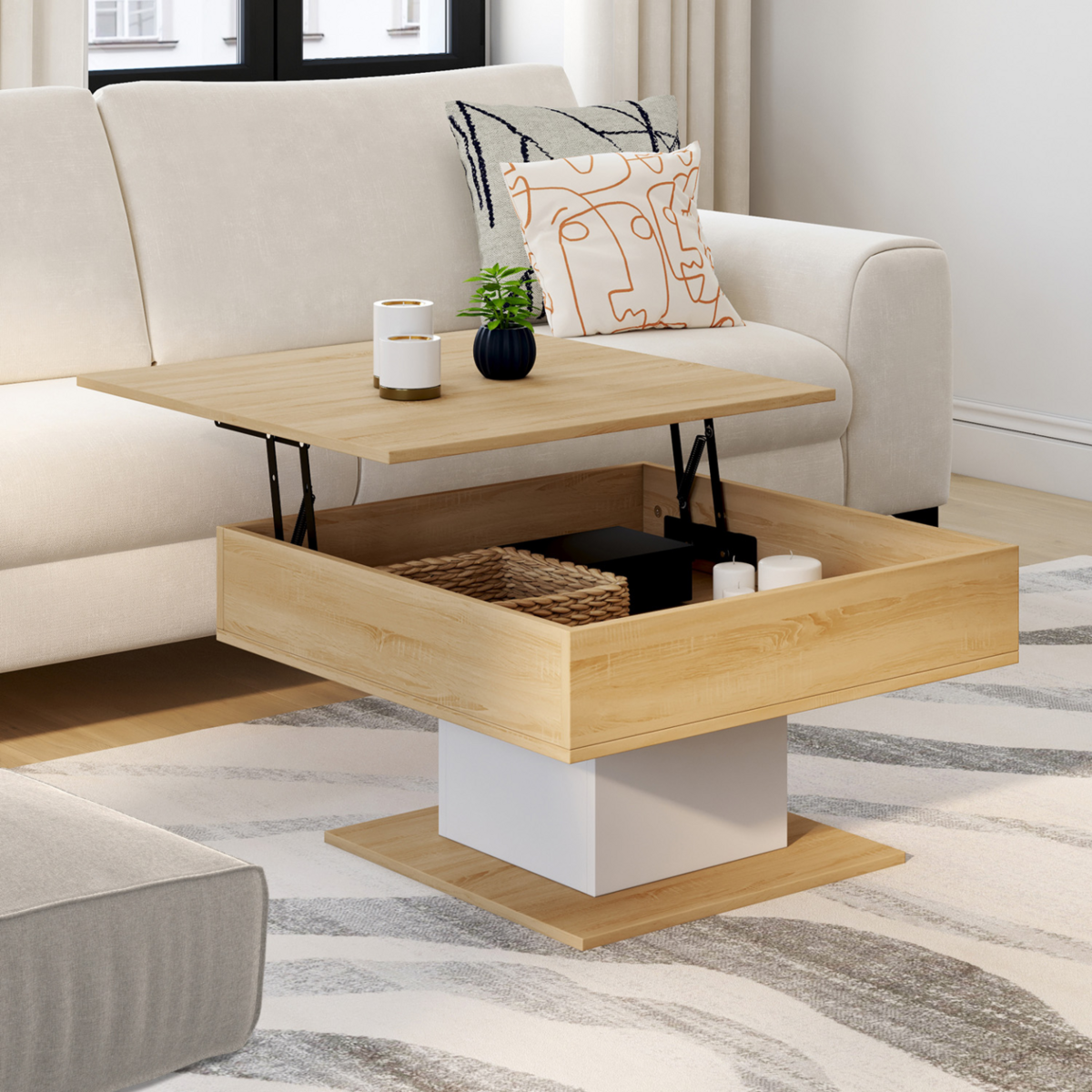 ID MARKET Table basse plateau relevable EDEN carrée bois et blanc