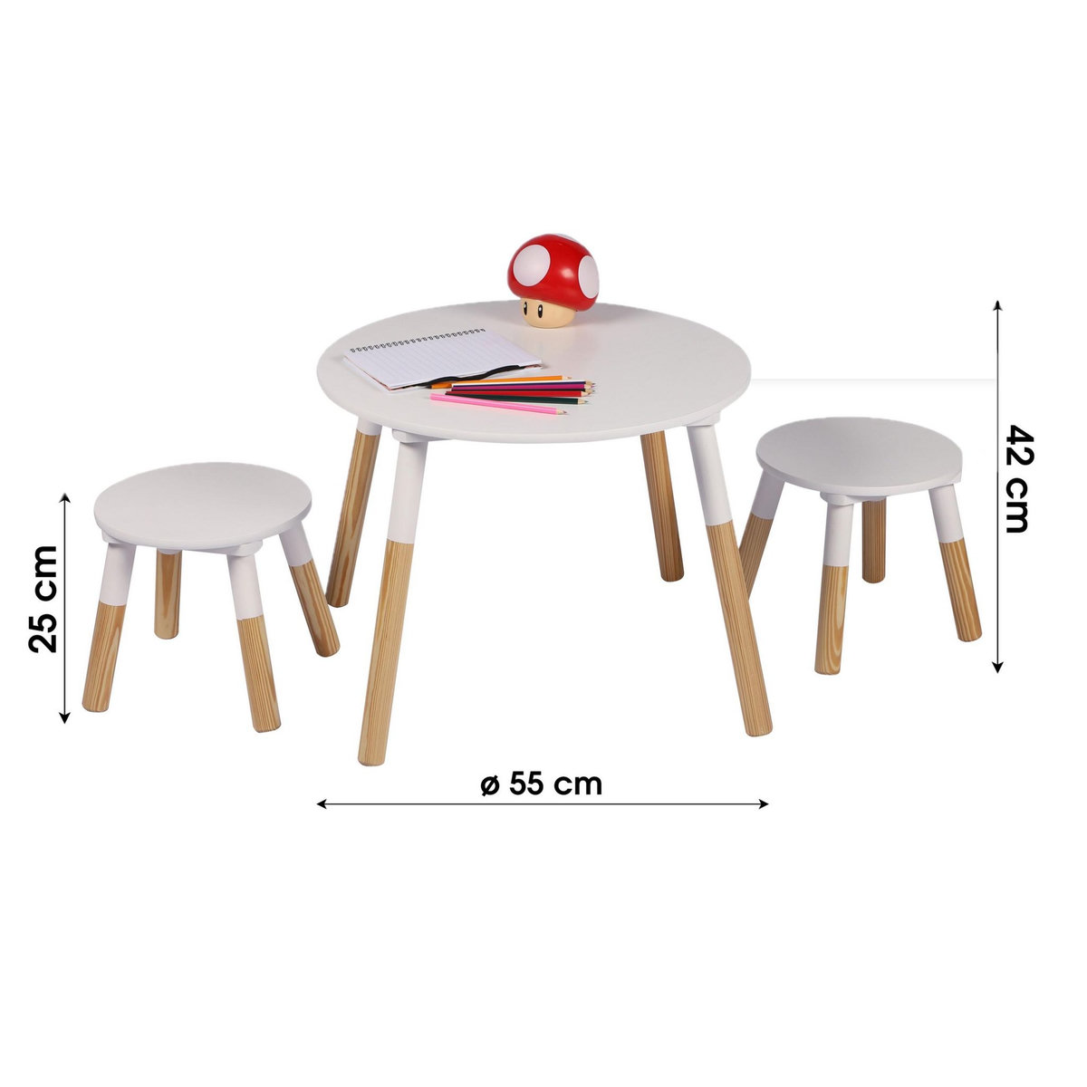 TOILINUX Table Dream et ses deux tabourets pour enfants - Blanc et Bois