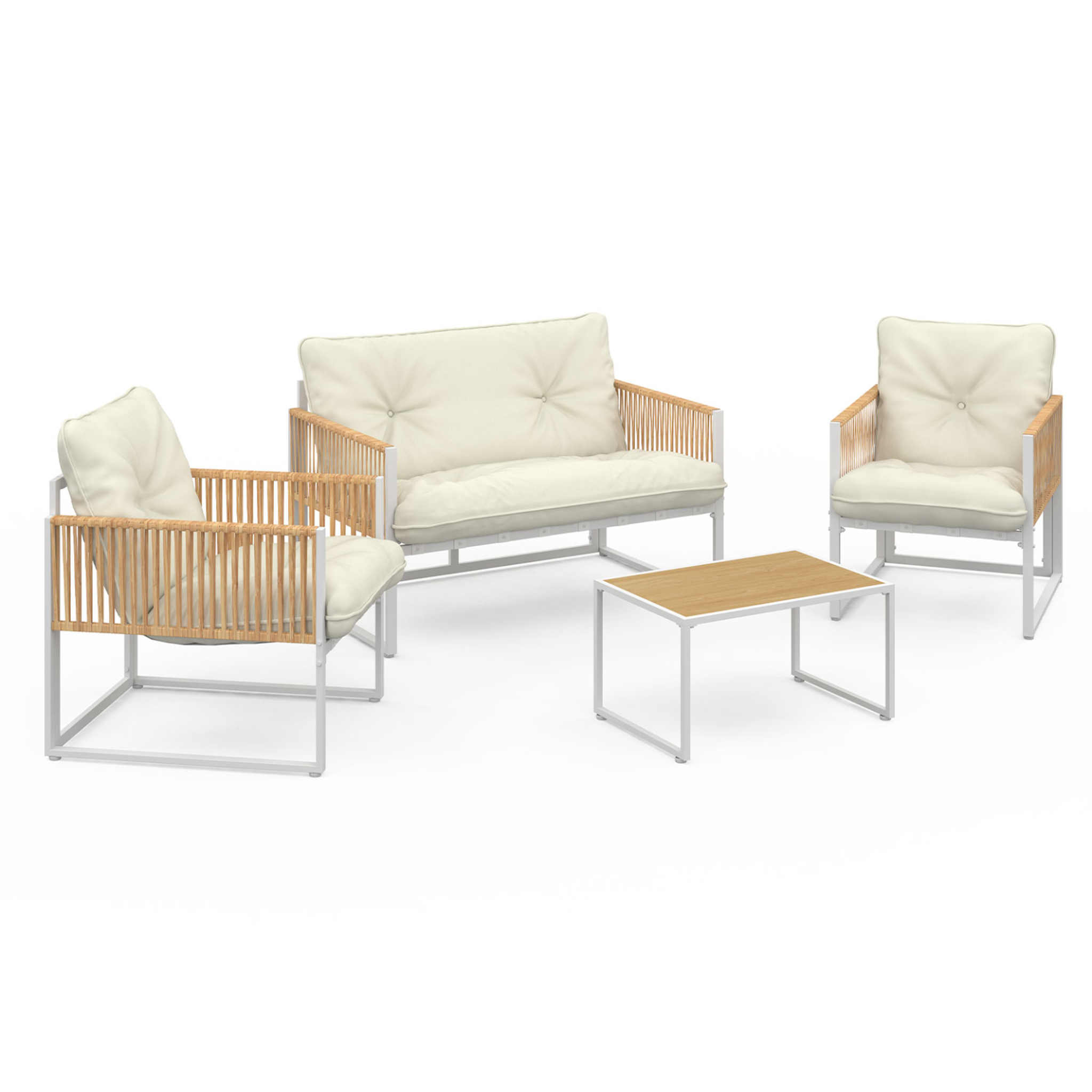 ID MARKET Salon de jardin bas rio 4 places structure métal blanc, cordage effet rotin clair et coussins beiges