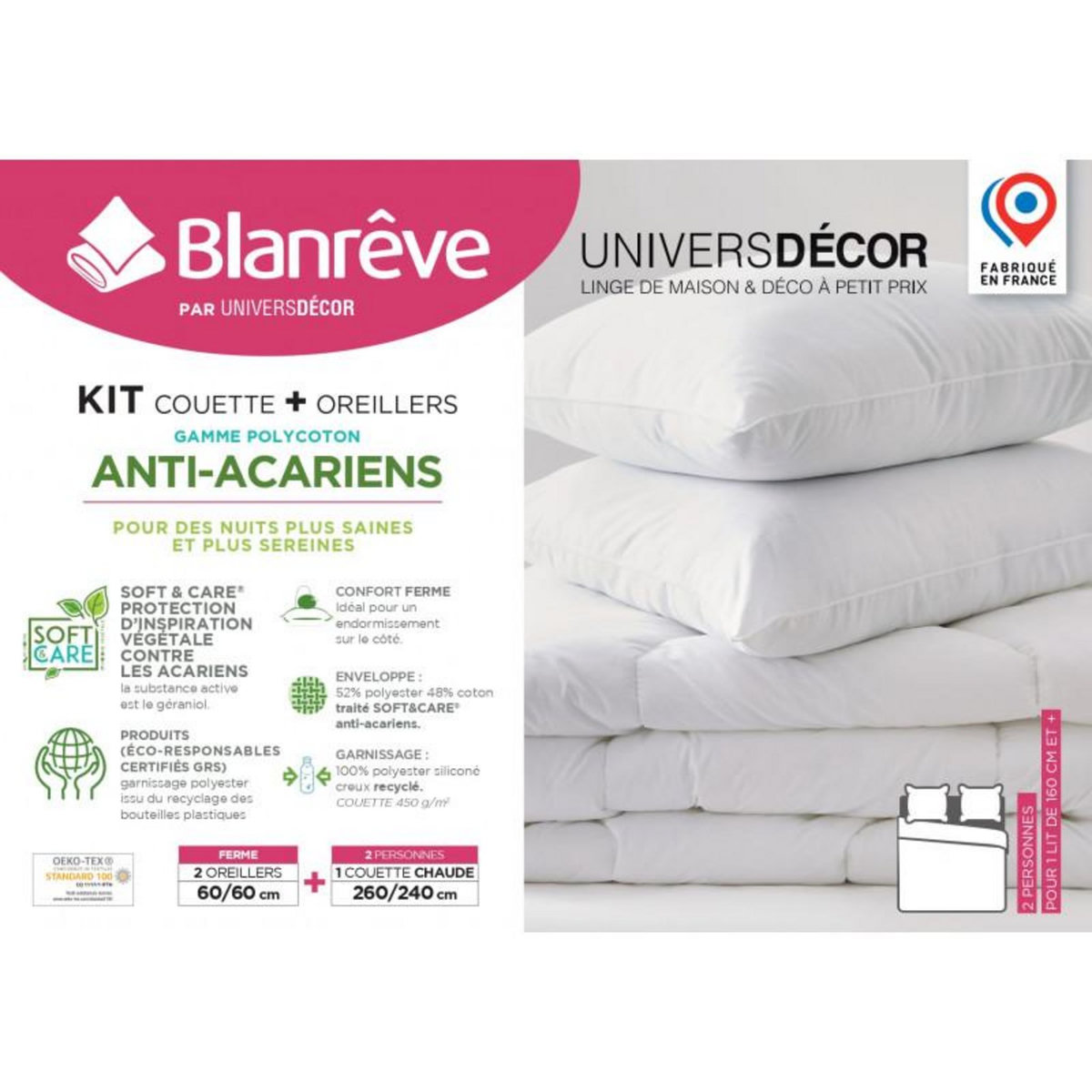 BLANREVE Pack Couette Blanrêve très chaude 260 x 240 + 2 Oreillers 60 x 60  Confort  traité Anti Acarien Soft & care
