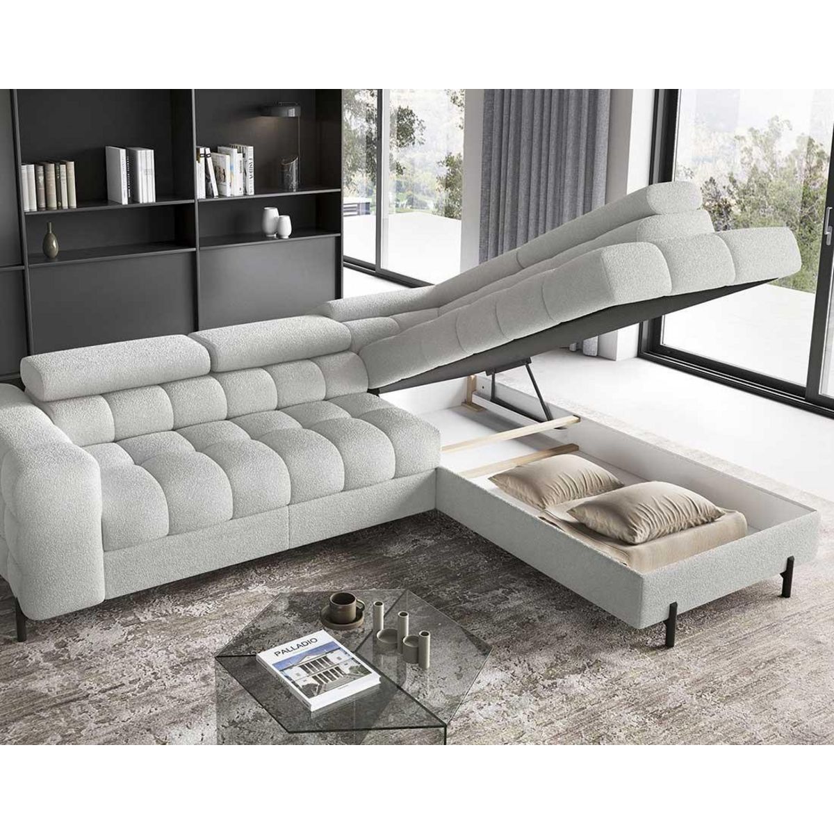 BEST MOBILIER Elisa - canapé d'angle droit 5 places convertible avec coffre et têtières réglables en tissu bouclette