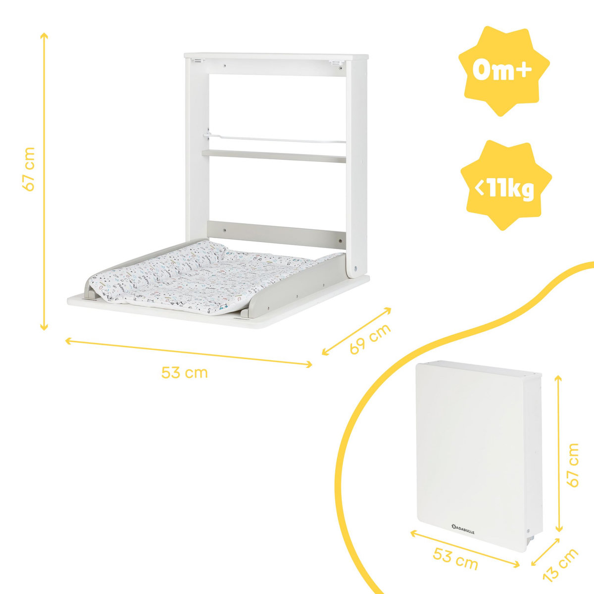 BADABULLE Table à langer murale Plouf compacte avec matelas à langer