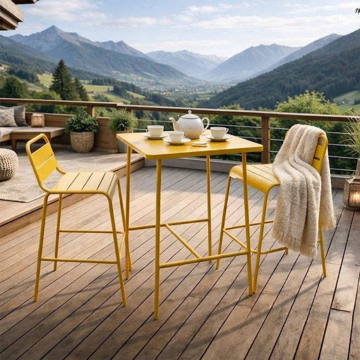 CONCEPT USINE Ensemble table de bar et 2 chaises hautes d'extérieur jaune BERGAME