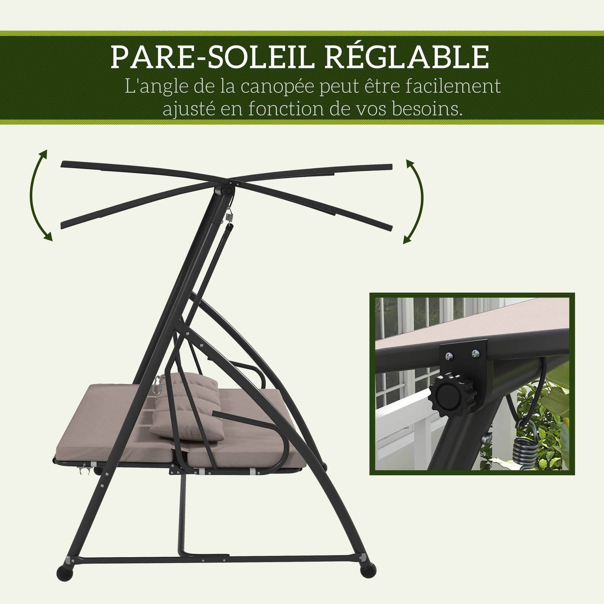 Voir la diapositive 5 : OUTSUNNY Balancelle de jardin 3 places convertible réglable - coussin assise dossier + 4 oreillers - dim. 218 x 120 x 168 cm - taupe
