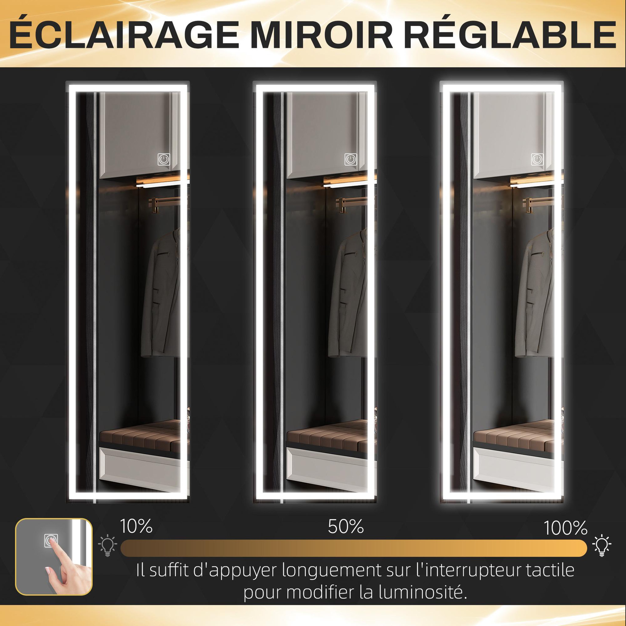 Voir la diapositive 5 : HOMCOM Miroir mural plein pied rectangulaire avec LED réglable, interrupteur tactile, verre épais 4mm, 40 x 120 cm - pour chambre, salon, salle de bain