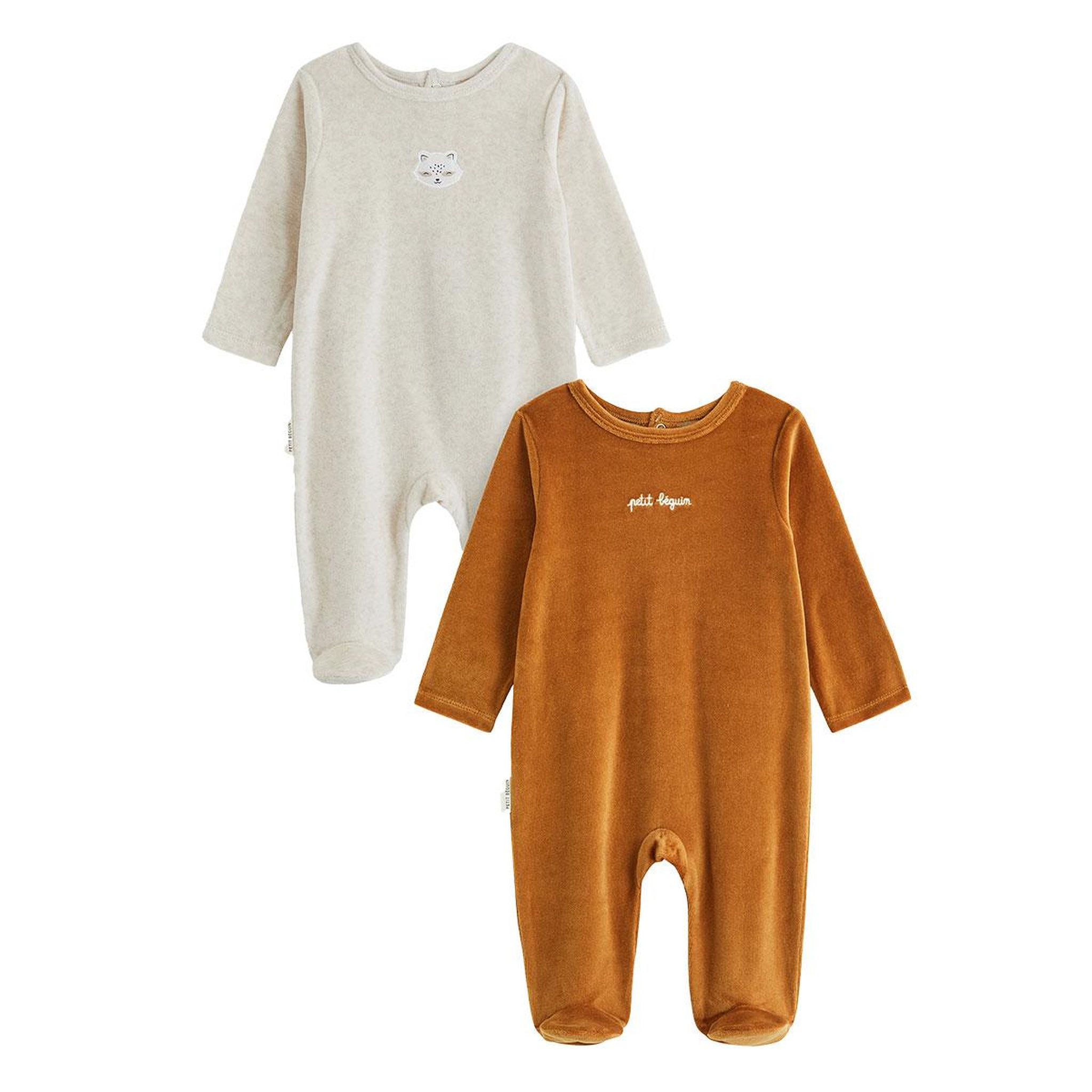 PETIT BEGUIN Lot de 2 pyjamas bébé en velours. Coloris disponibles : Marron