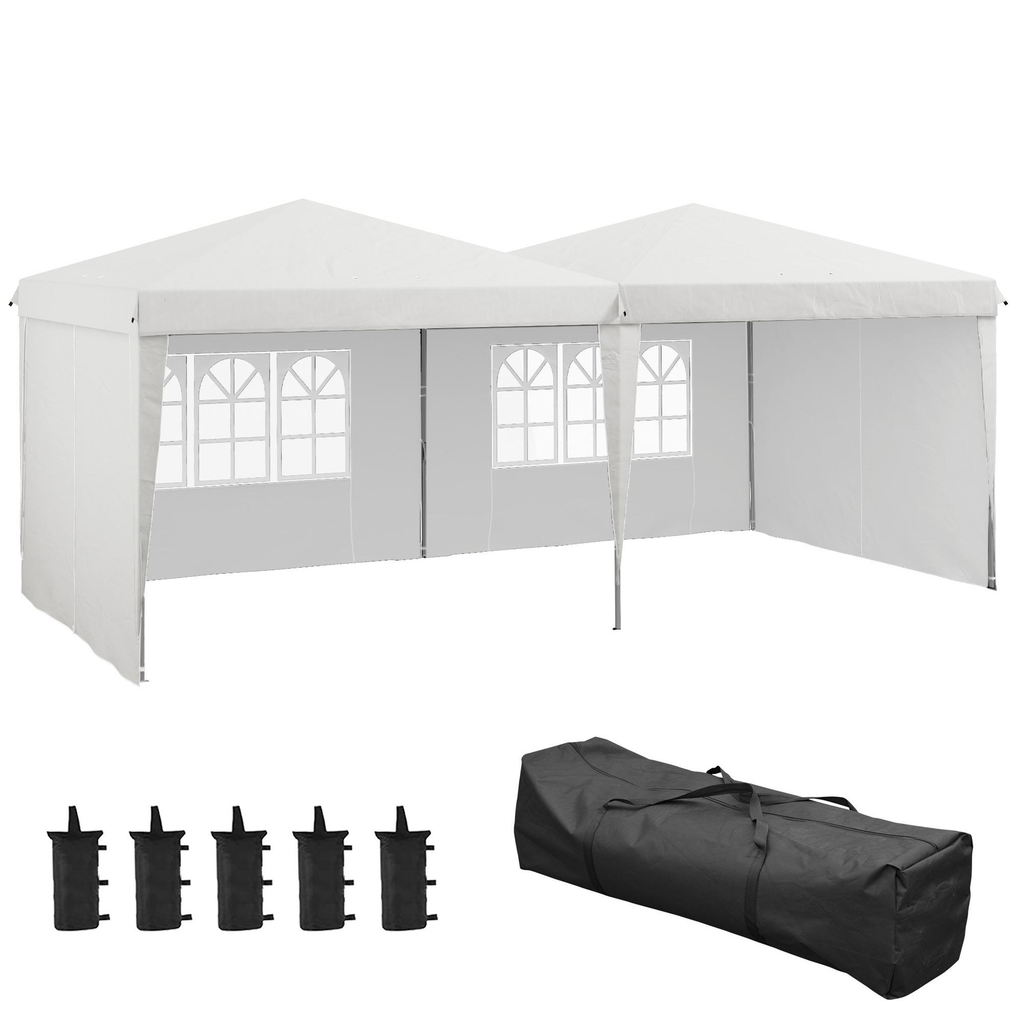 Voir la diapositive 1 : OUTSUNNY Tonnelle barnum pliant pop-up - 4 pans latéraux amovibles, 6 fenêtres, sac transport, 5 sacs lestage - acier Oxford blanc