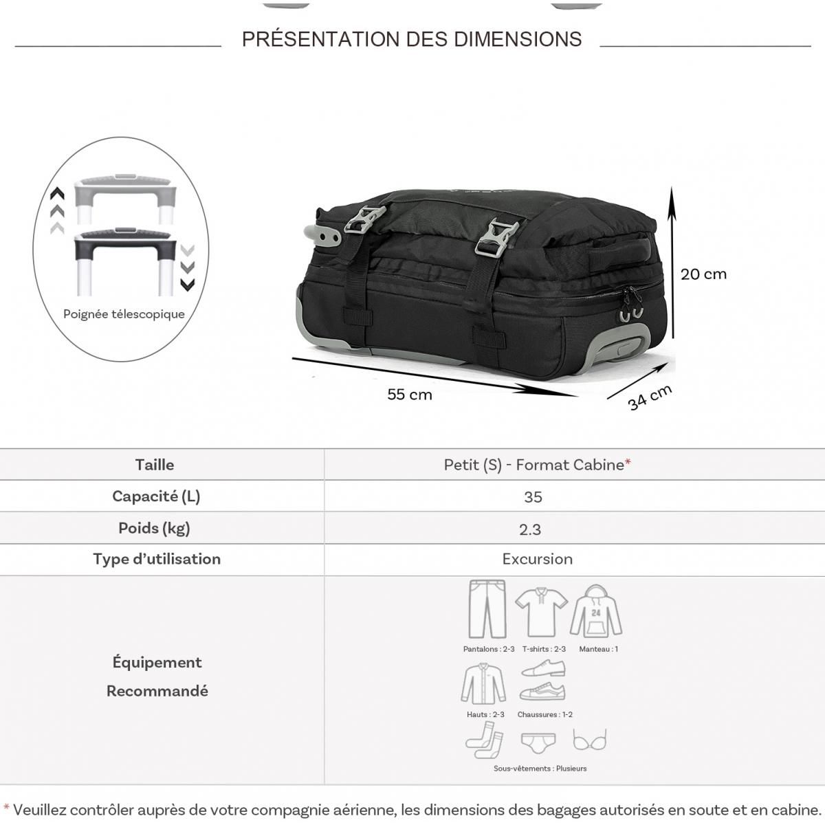 David Jones Sac de voyage cabine à roulettes 35L double compartiment 55cm