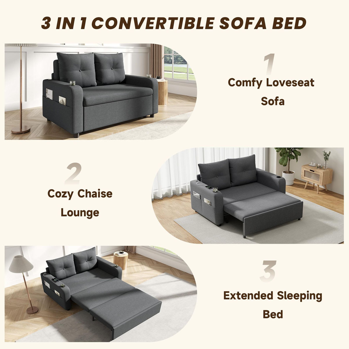 MERAX Canapé droit convertible 2 places coton et lin