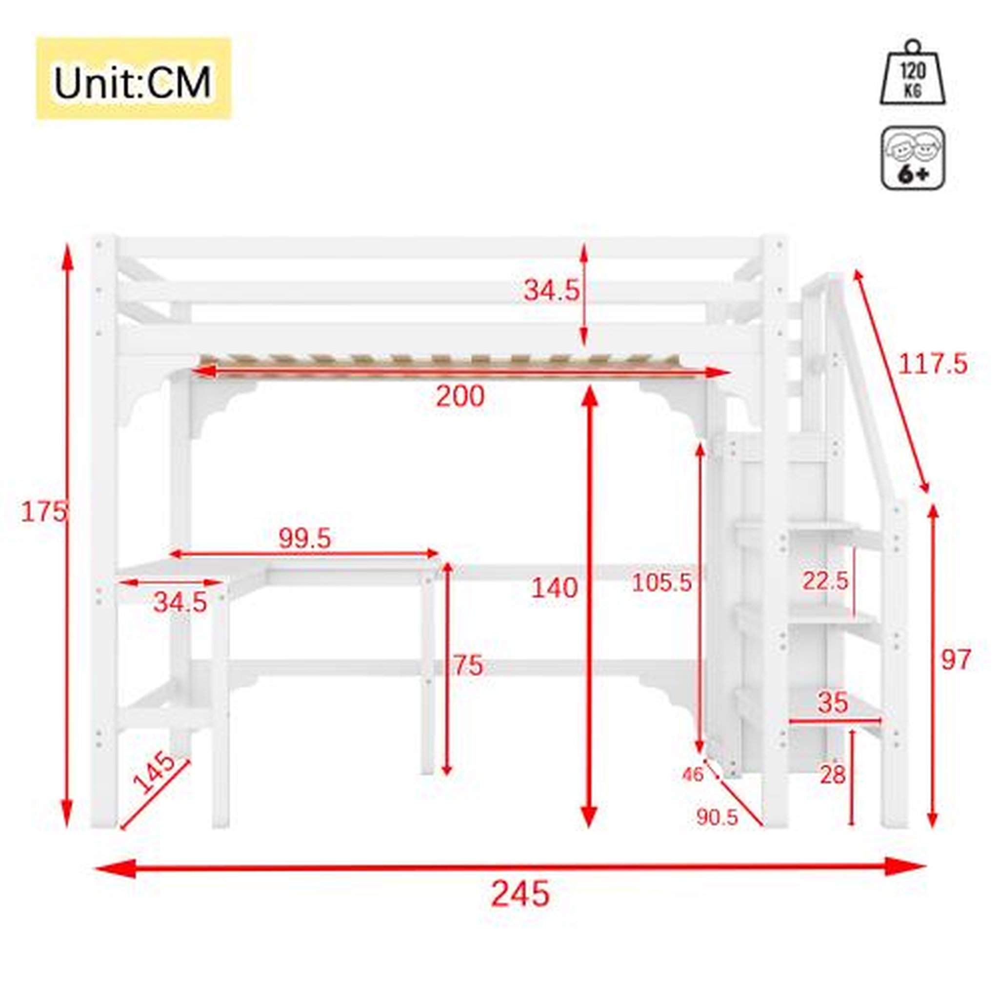 Voir la diapositive 3 : MERAX Lit mezzanine 140x200 cm coloris blanc pin