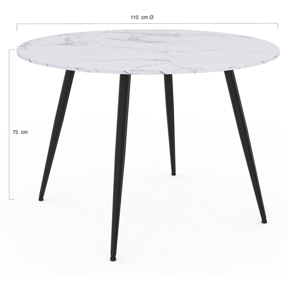 ID MARKET Table à manger ronde AMELIA 4 personnes effet marbre blanc ALASKA pieds métal noir 110 cm