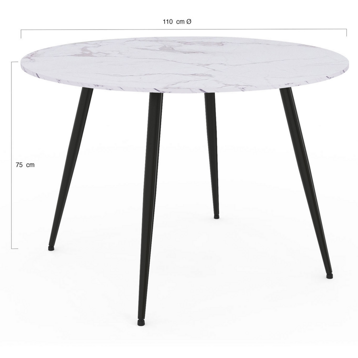 ID MARKET Table à manger ronde AMELIA 4 personnes effet marbre blanc ALASKA pieds métal noir 110 cm