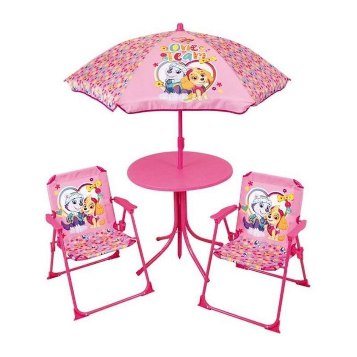 Fun House FUN HOUSE PAT'PATROUILLE Salon de jardin - 1 table 46xø46 cm, 2 chaises H.53xl.38,5xP.37,5cm et 1 parasol
