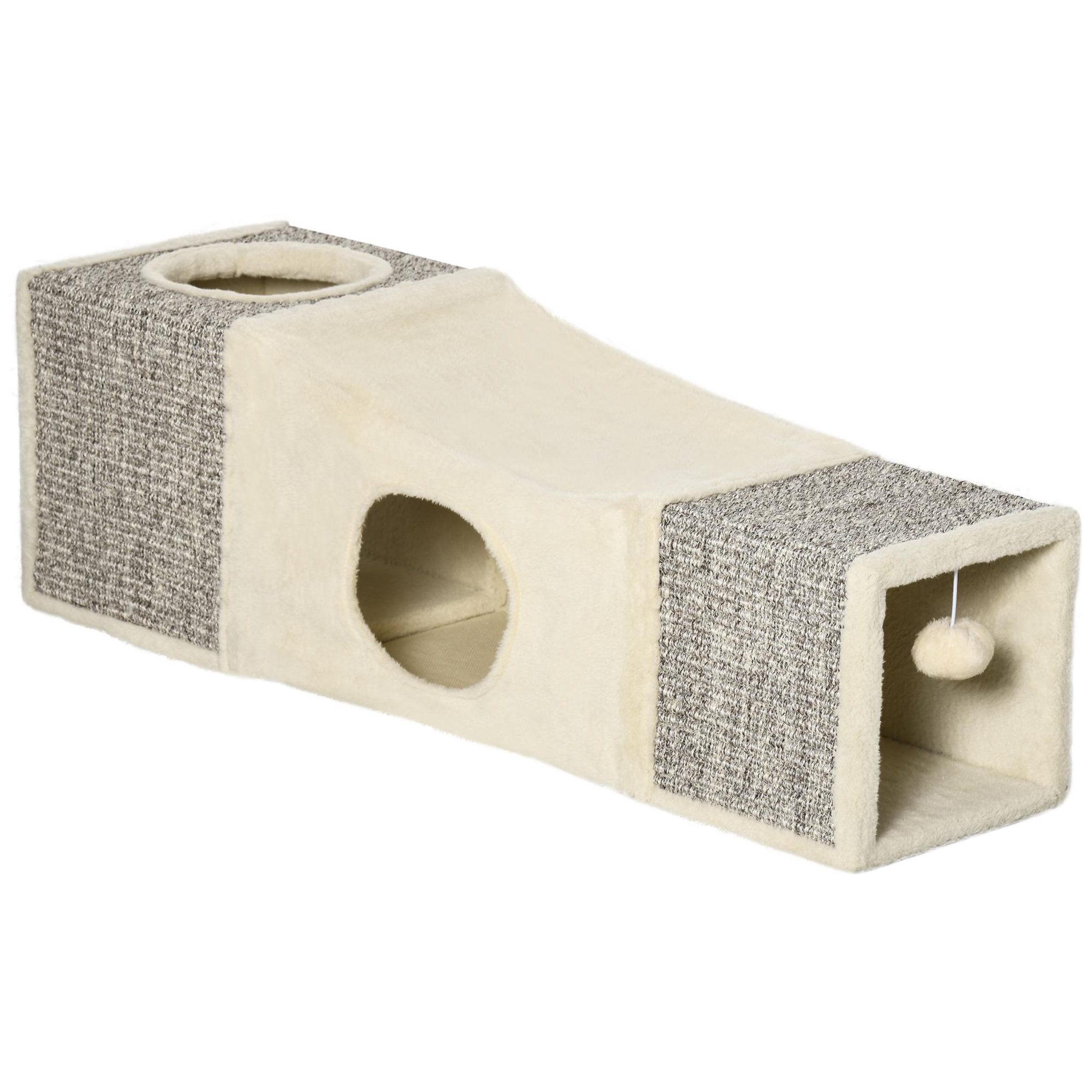 PAWHUT Tunnel grattoir niche modulable pour chat 3 en 1 - jeu balle suspendue - 4 entrées - peluche beige sisal grège