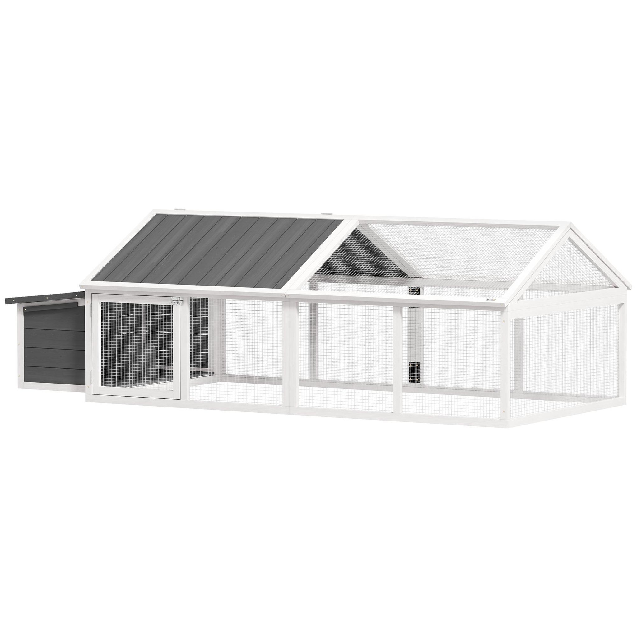 Voir la diapositive 5 : PAWHUT Poulailler espace couvert pondoir 2 zones - porte, toit ouvrant - 2,4 x 1,12 x 0,76 m - bois gris blanc
