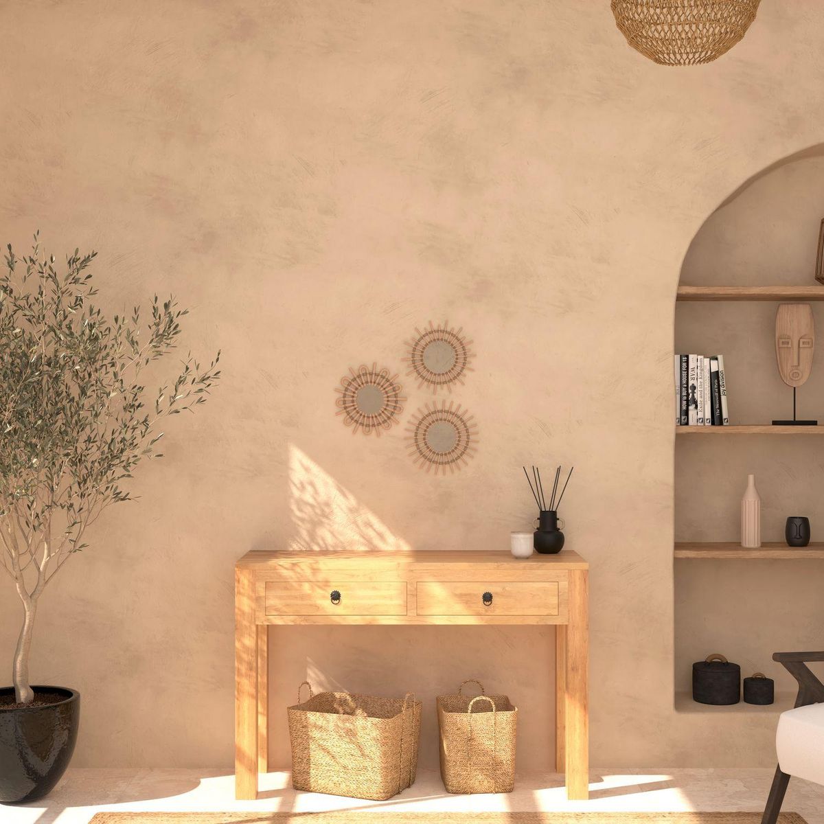 ATMOSPHERA Lot de 3 miroirs Soleil en rotin - Diam. 28 cm - Beige