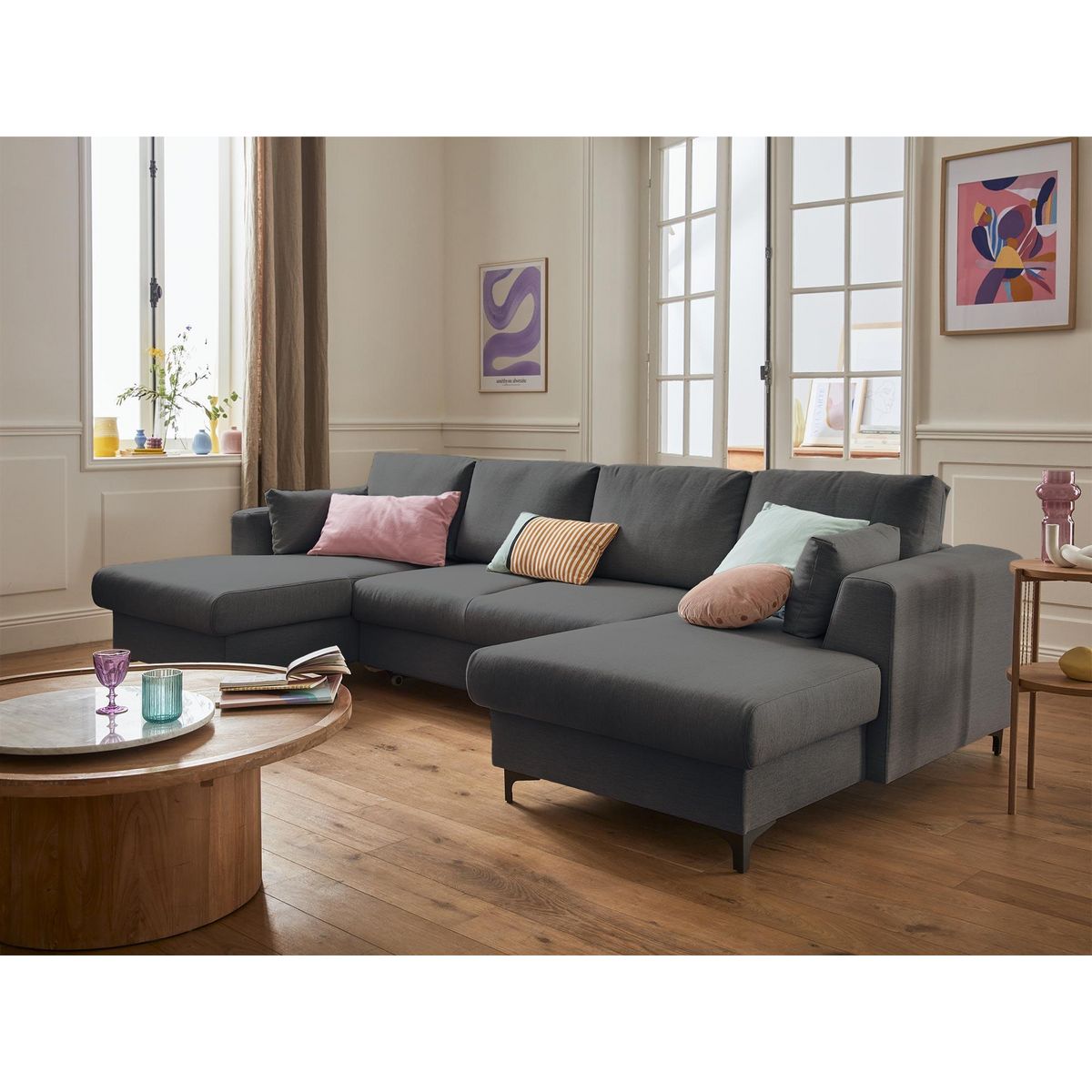 LISA DESIGN Tala - canapé panoramique en u - 7 places - convertible avec coffre - en tissu