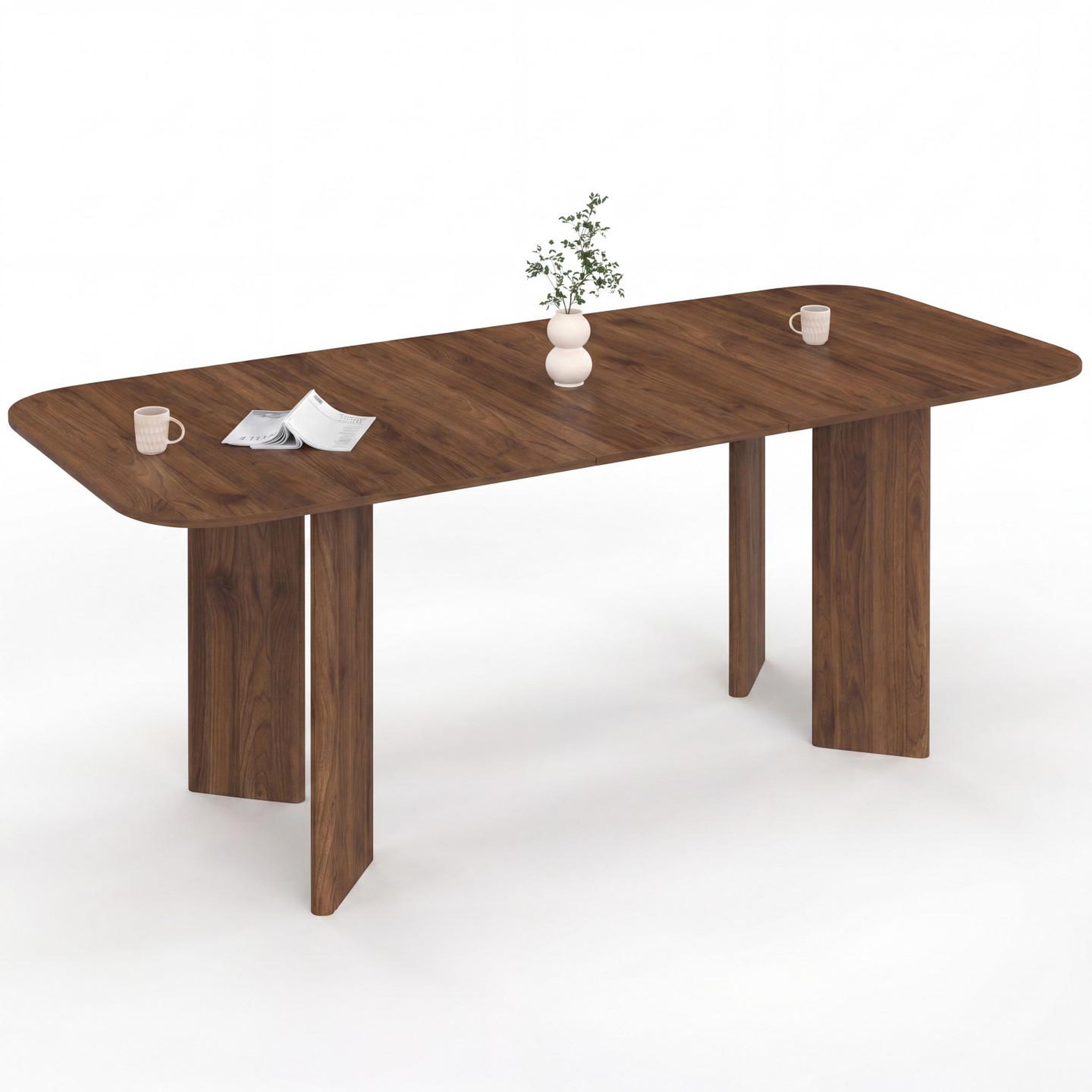 ID MARKET Table à manger extensible rectangulaire arrondie capucine 6-10 personnes 4 pieds design arrondi noyer 160-200 cm