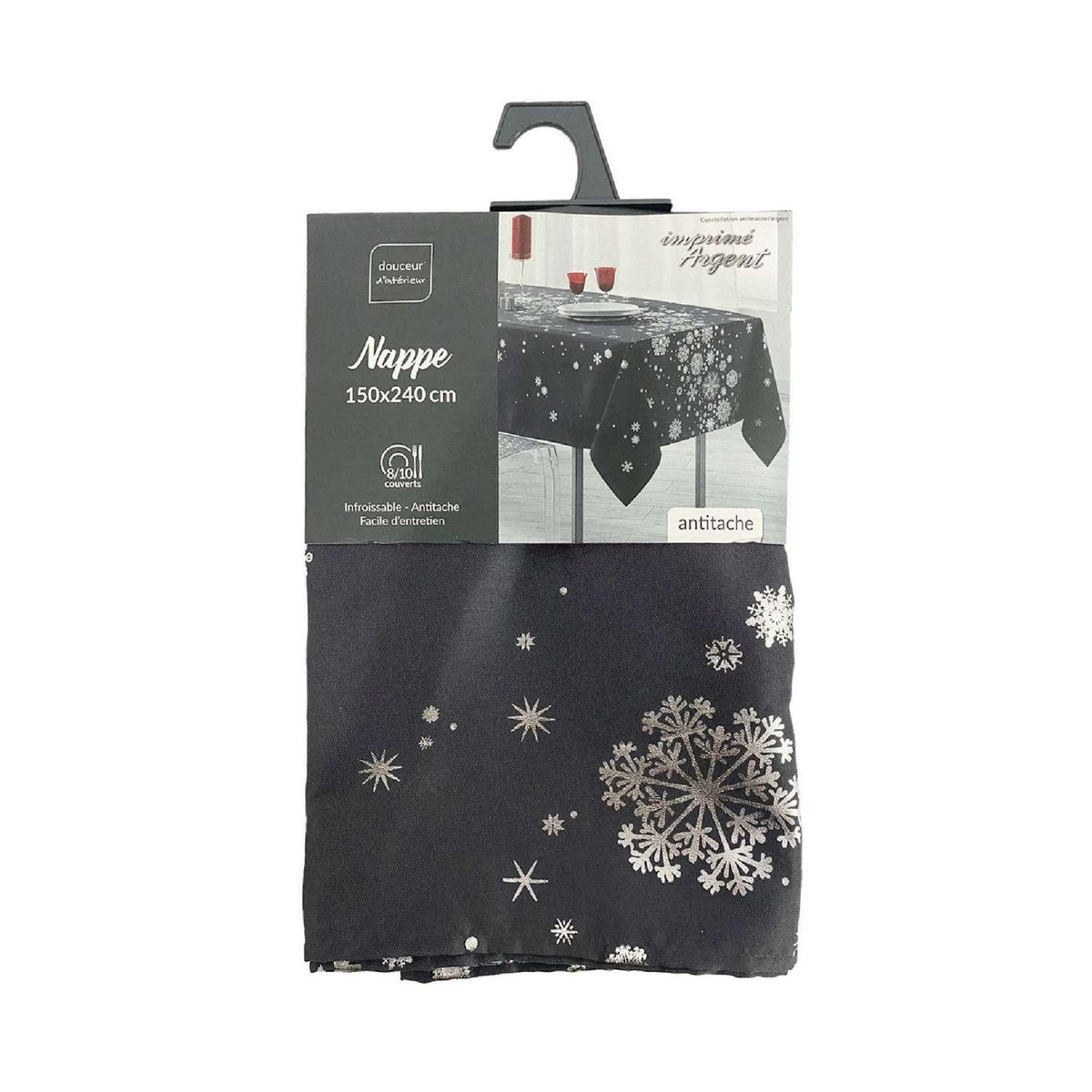 Douceur d'Intérieur Nappe rectangulaire antitache et infroissable imprimé Flocons - L. 150 x l. 240 cm - Anthracite et argent