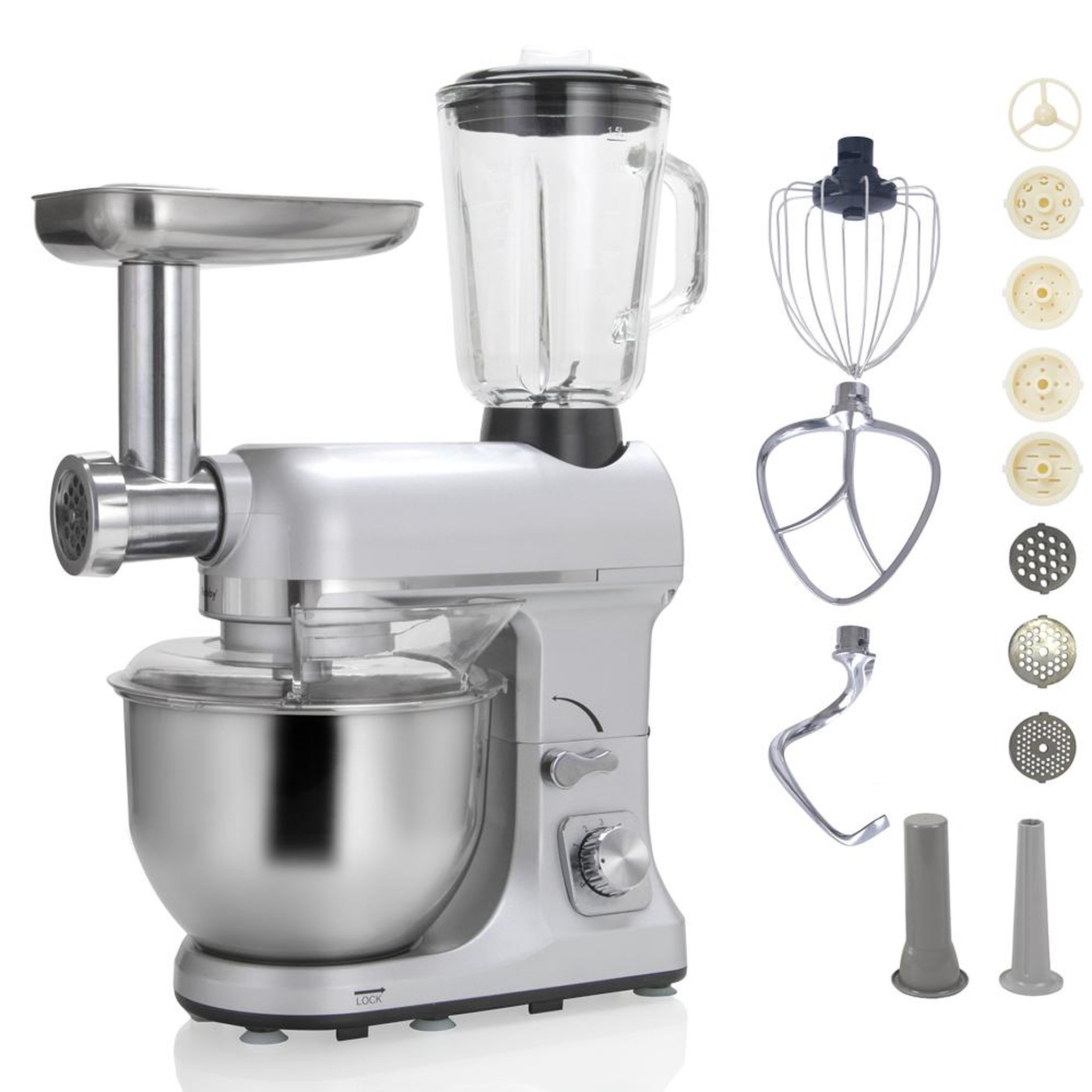 Robby Robot multifonctions 5l 1000w silver avec hachoir et blender 1,5l en verre - robimix silver