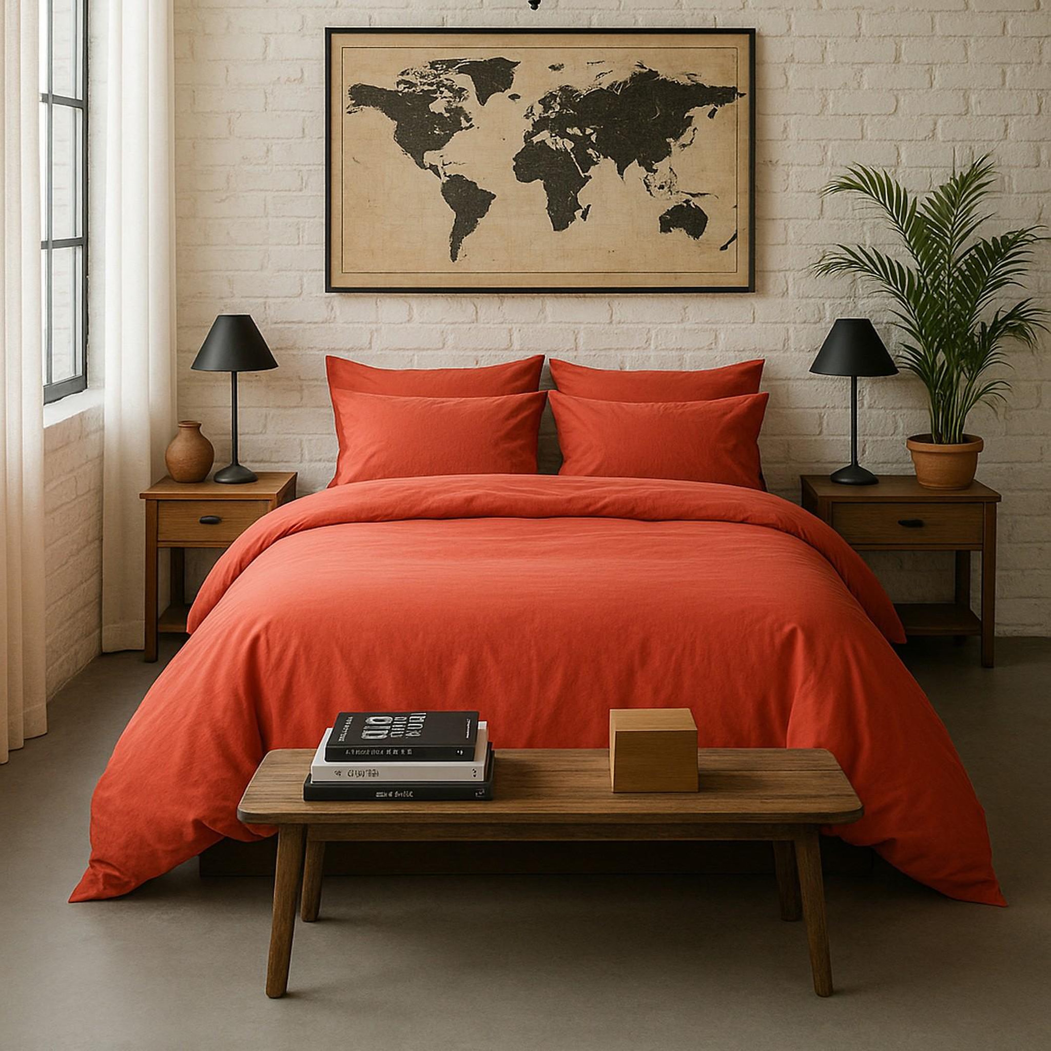 Voir la diapositive 2 : BATON ROUGE Drap housse 100% percale de coton lavé 80 fils/cm² - terre de sienne