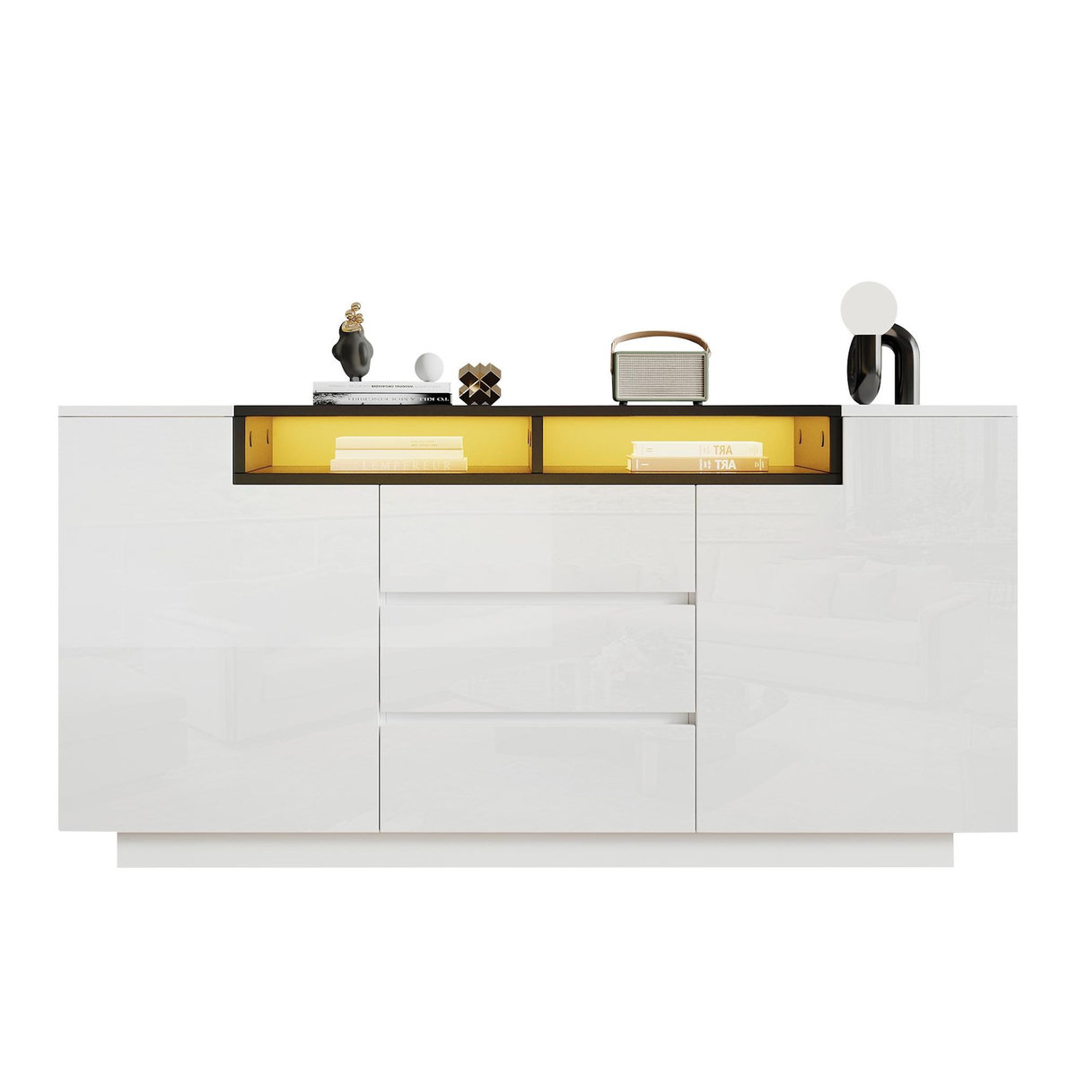 MERAX Buffet 2 porte(s) 3 tiroir(s) - 140 cm blanc led panneau de particules