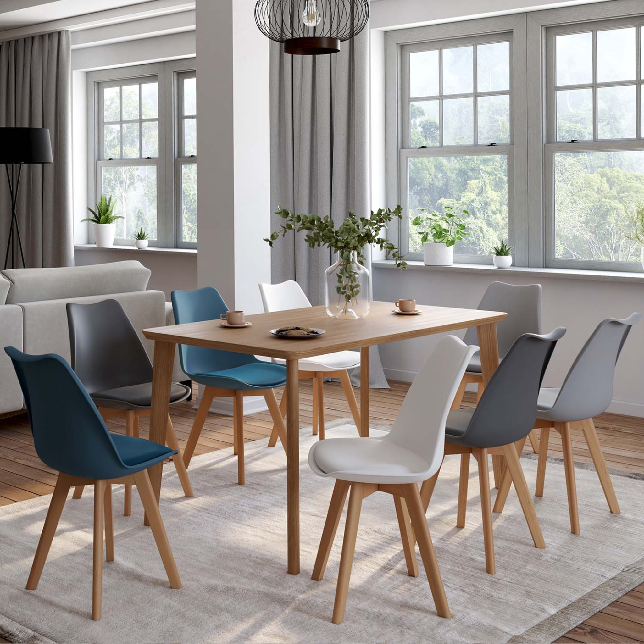Voir la diapositive 2 : ID MARKET Lot de 8 chaises scandinaves sara mix color blanc x2, gris clair x2, gris foncé x2, bleu canard x2