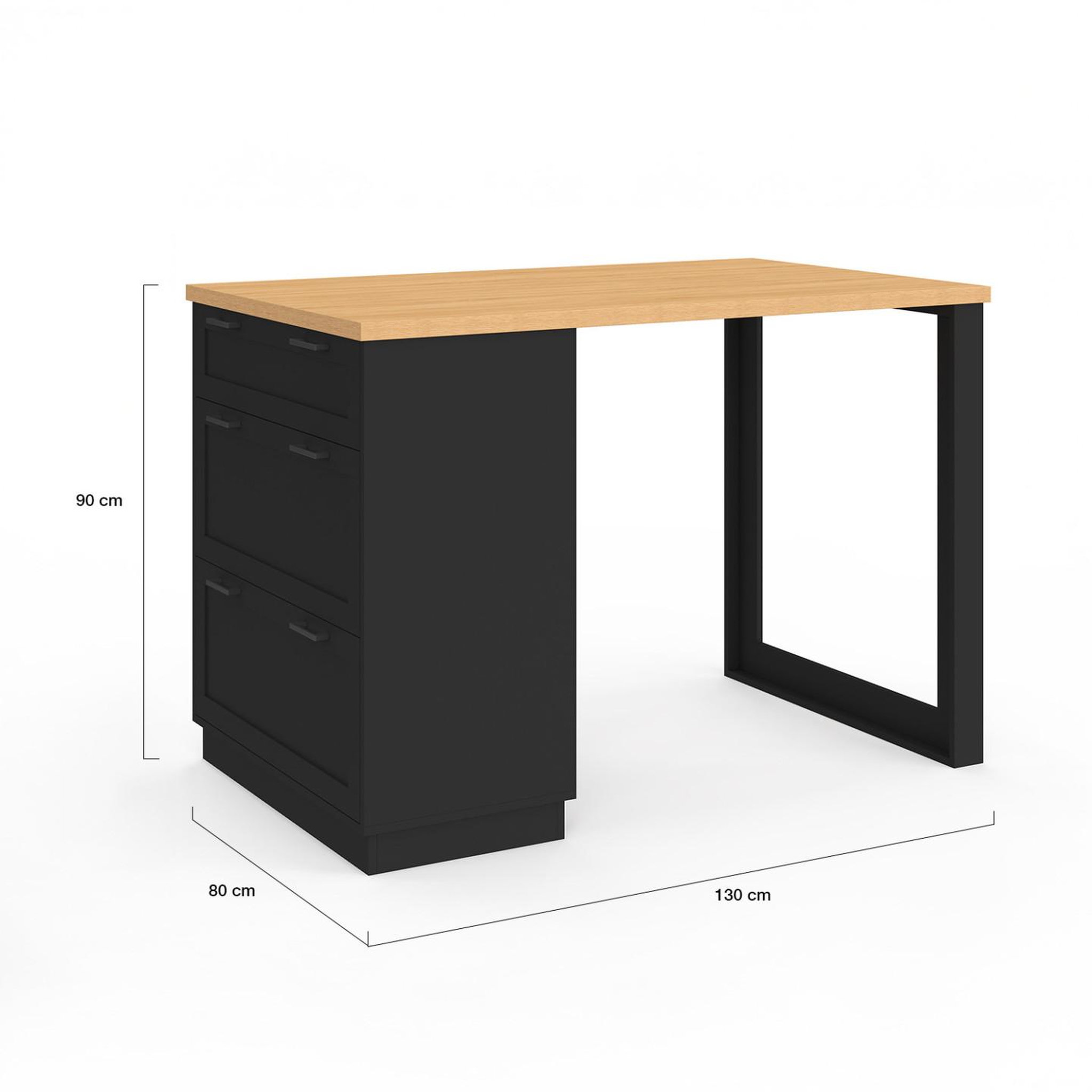 Voir la diapositive 5 : ID MARKET Ilot central mange-debout 4 personnes vito 130 cm casserolier 3 tiroirs noir et plateau bois