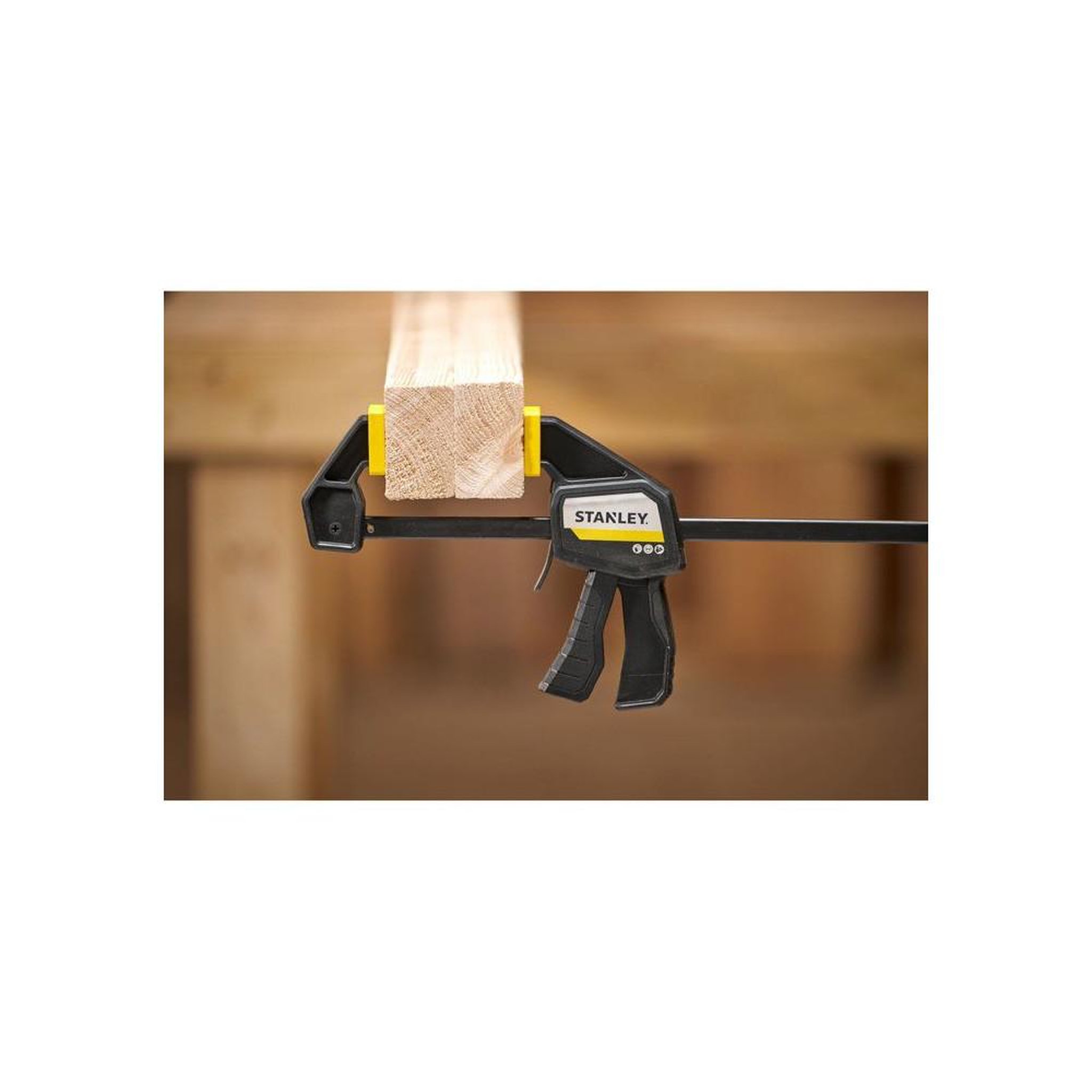 Voir la diapositive 5 : Stanley Lot de 2 serre-joints à barre 300 mm style gâchette, poignées texturées et coussinets de contact jaunes