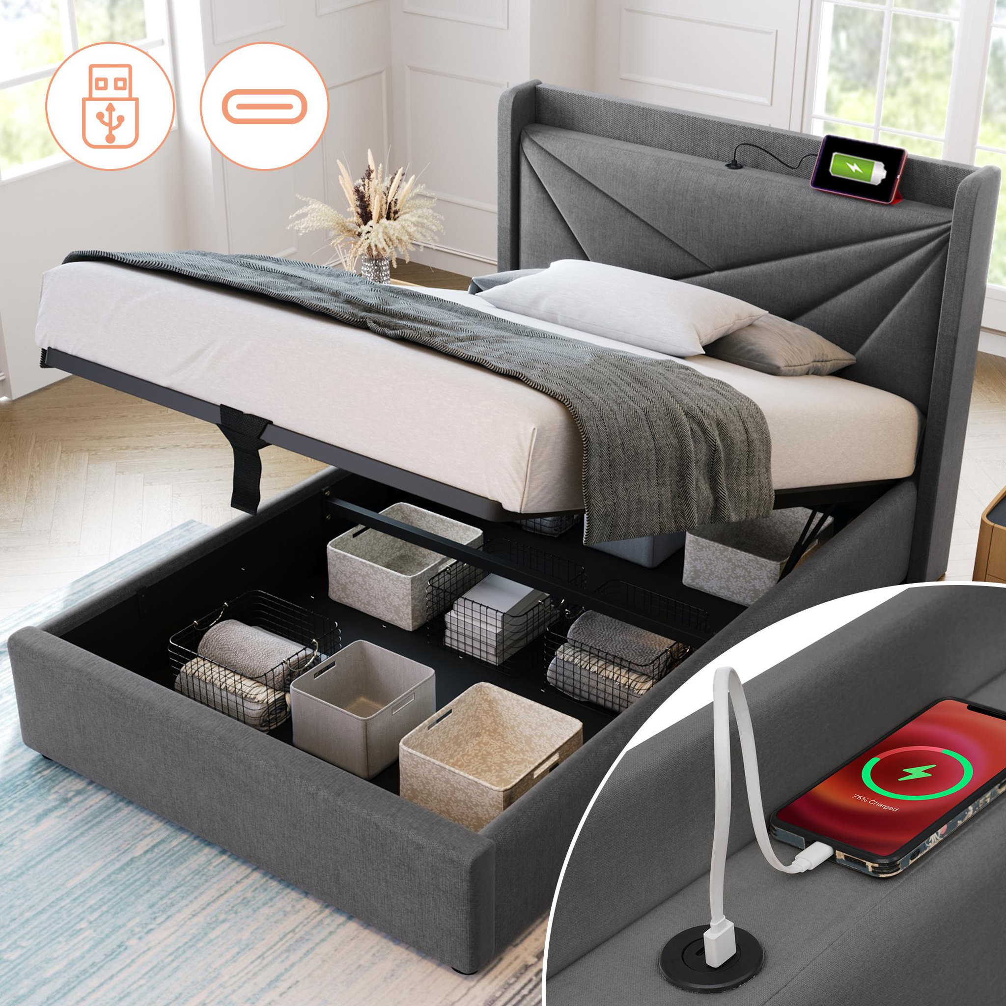 Voir la diapositive 2 : MERAX Lit coffre avec sommier et USB Lin