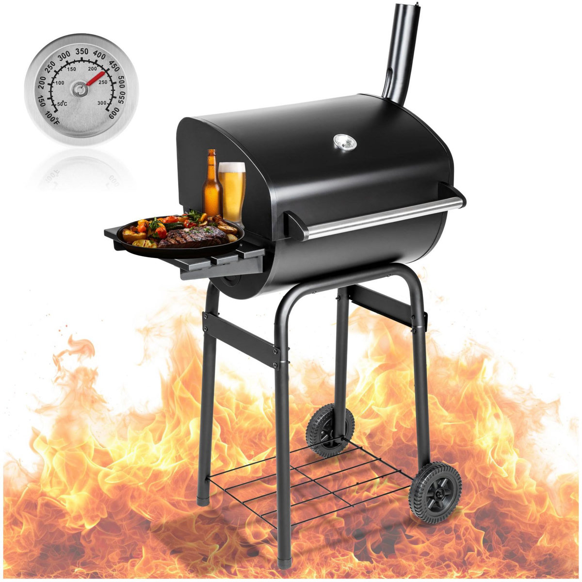 tectake Barbecue charbon avec thermomètre équipé de 2 roues pour un piètement stable noir