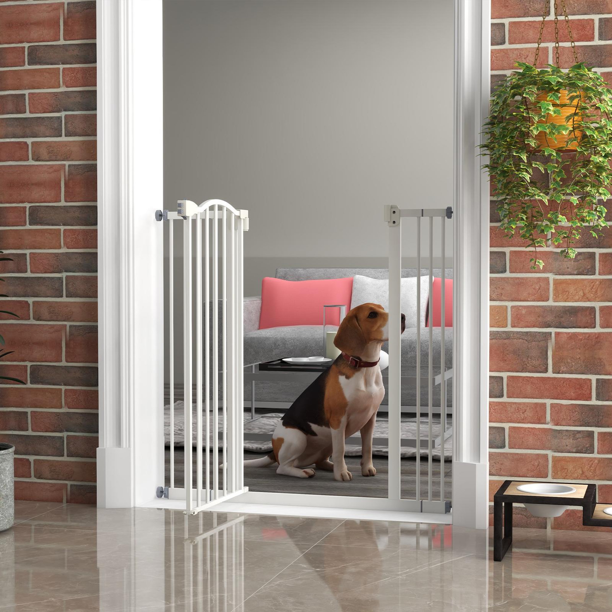 Voir la diapositive 2 : PAWHUT Barrière de sécurité pour chien extensible 74-100 cm, barrière d'escalier à fixation par pression sans percer, double verrouillage, fermeture automatique, hauteur 94 cm, blanc
