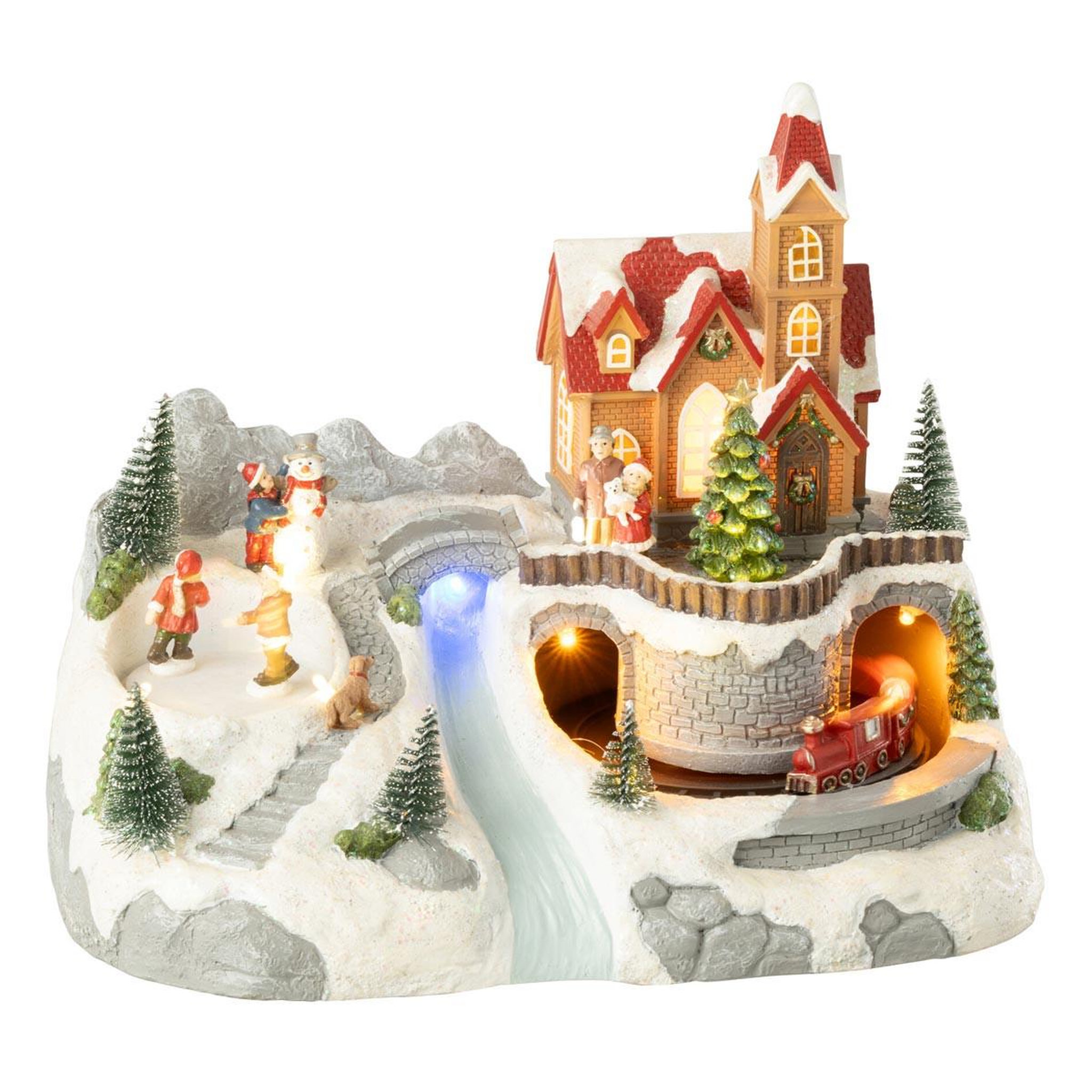 J-LINE Village de noël  train & patinoire  28cm multicolore