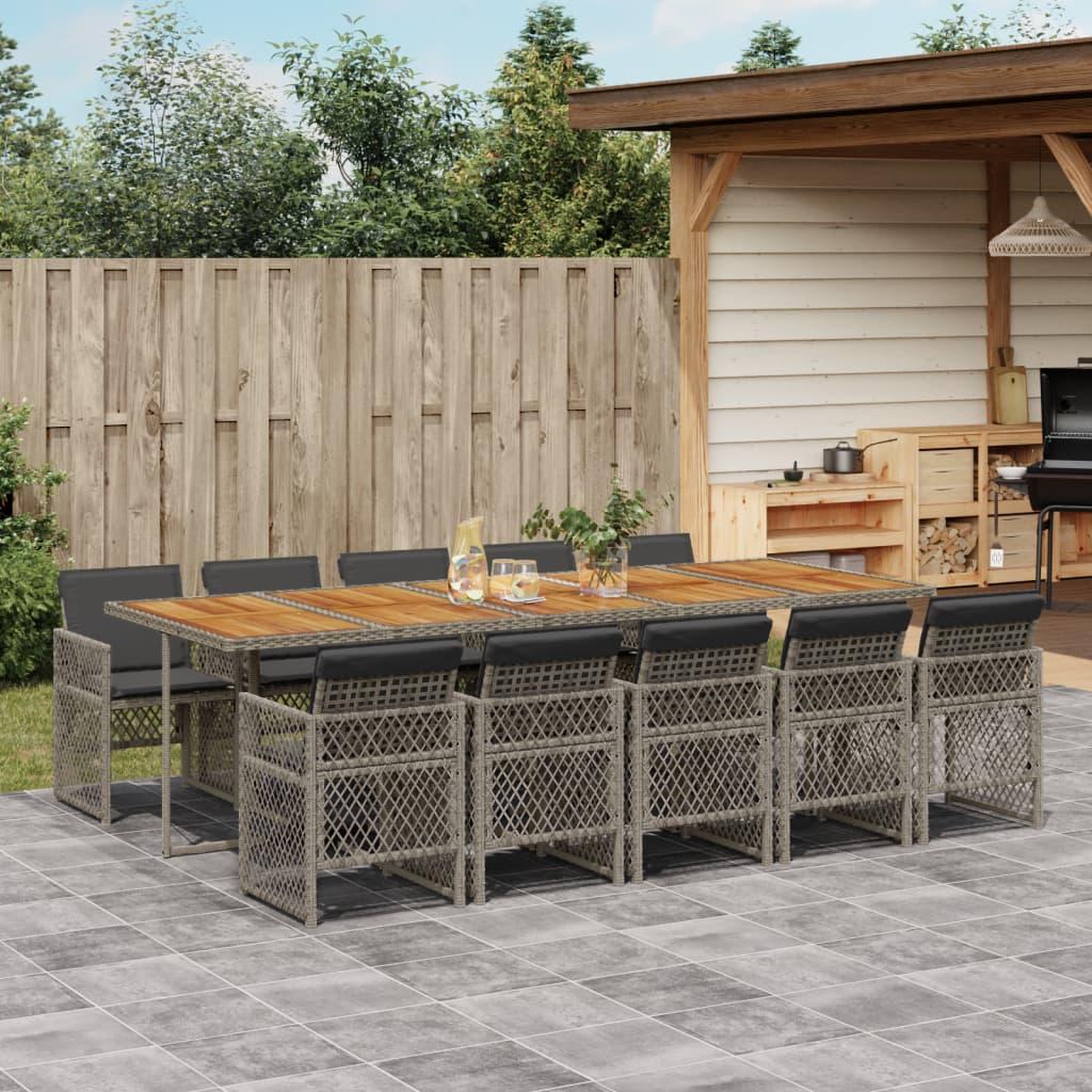 VIDAXL Ensemble a manger de jardin 11pcs avec coussins gris poly rotin