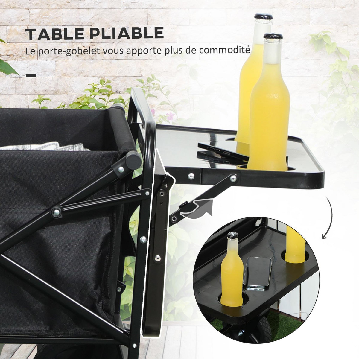 OUTSUNNY Chariot de jardin pliable 4 roues poignée télescopique réglable rangements noir