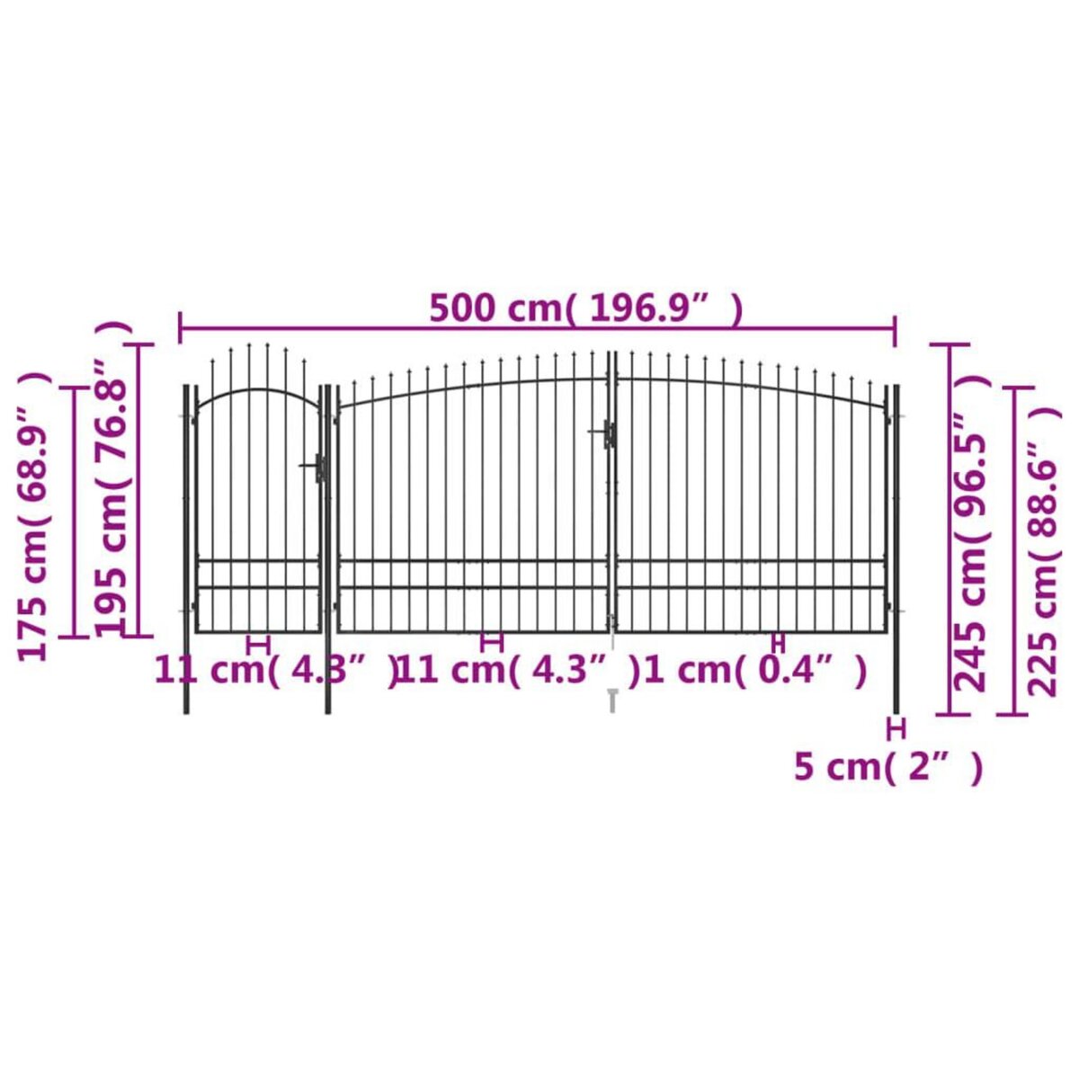VIDAXL Portail de cloture de jardin avec dessus en lance 5x2,45 m Noir