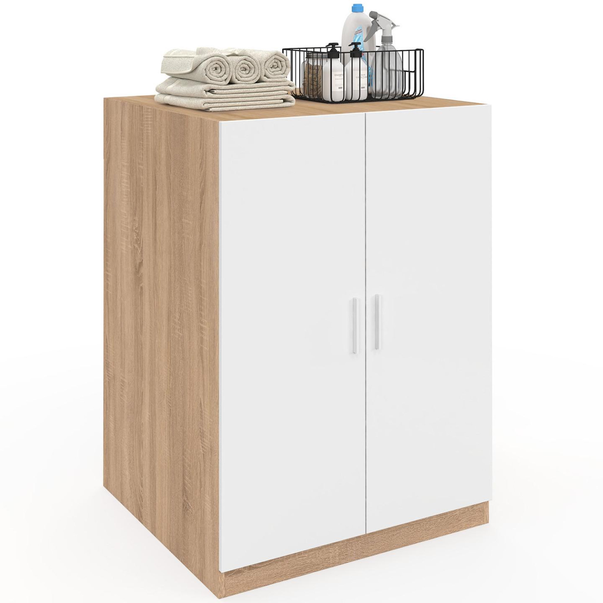 Voir la diapositive 4 : ID MARKET Meuble pour machine à laver avec portes wallis blanc et bois façon hêtre