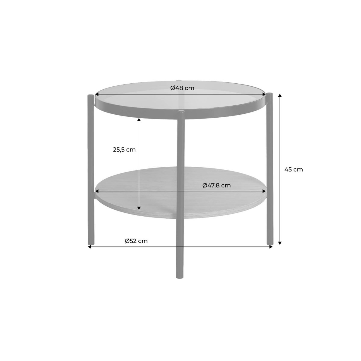 SWEEEK Table basse / d'appoint ronde 52 x 52 cm effet bois et métal noir. 2 plateaux dont un en verre trempé