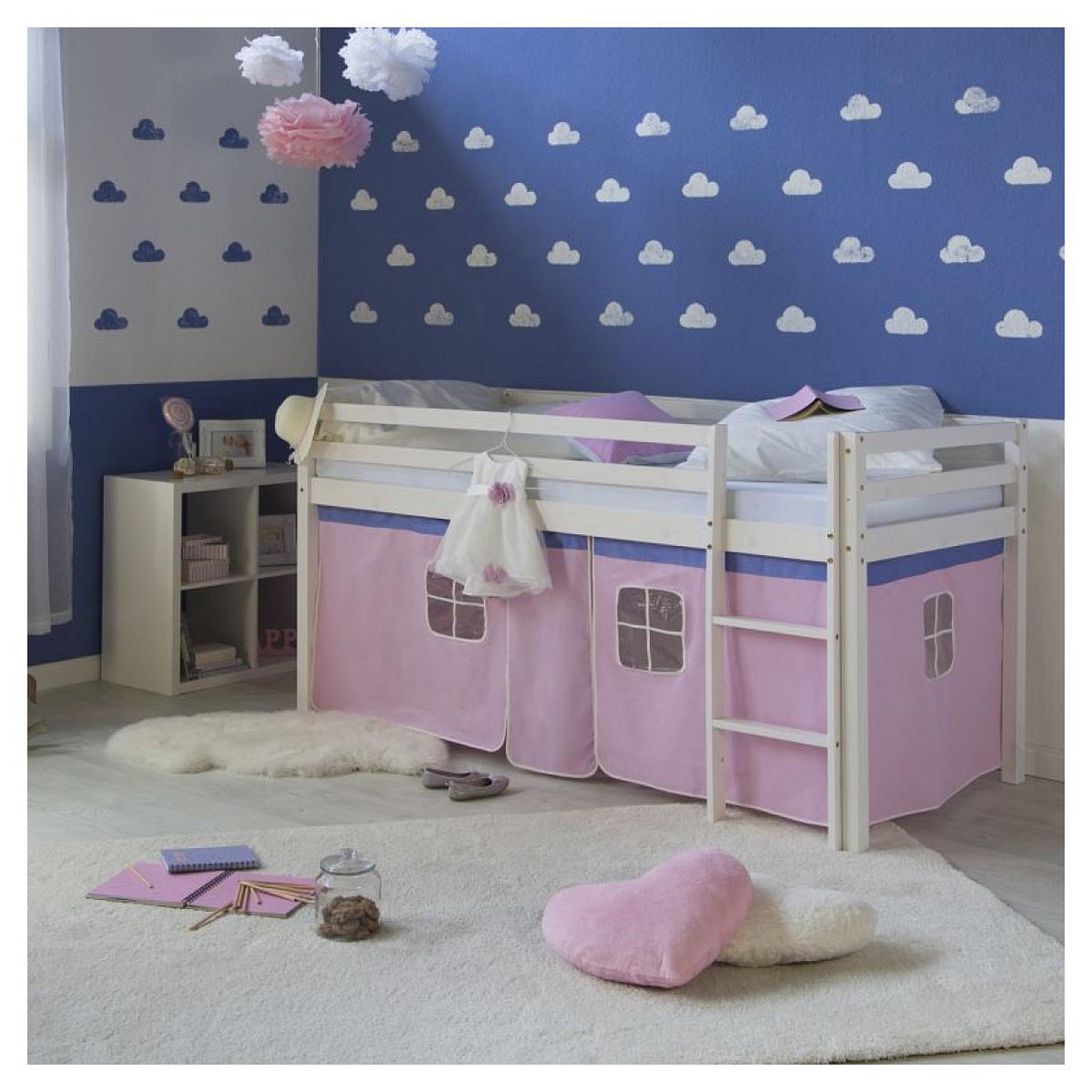 Voir la diapositive 2 : HomeStyle4U Lit mi-hauteur avec rideaux rose pale
