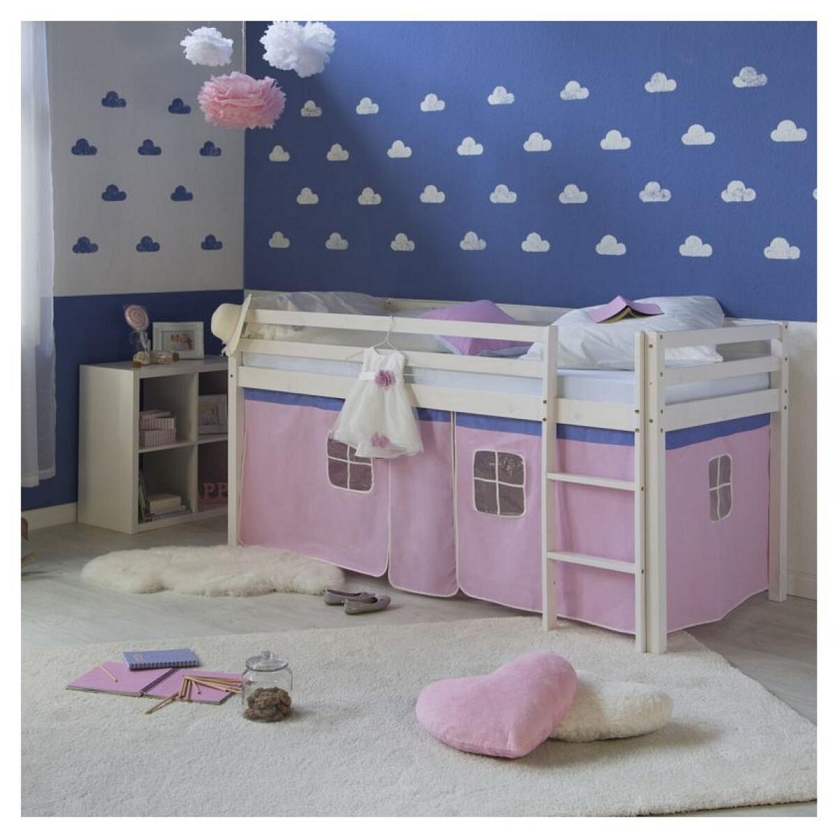 HomeStyle4U Lit mi-hauteur avec rideaux rose pale