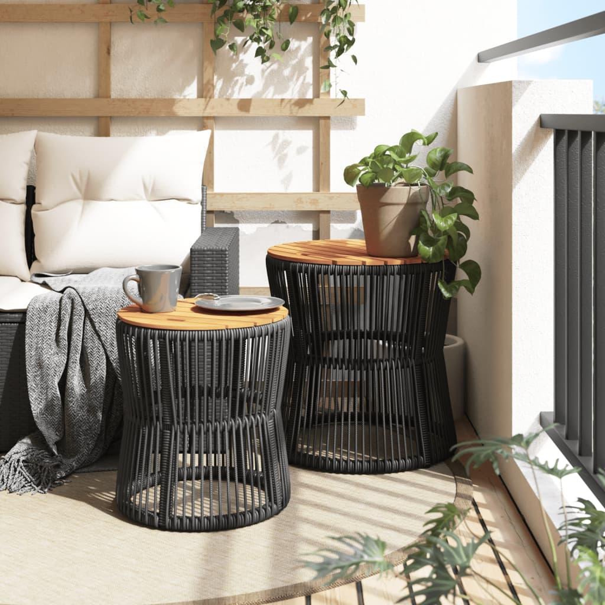 Voir la diapositive 3 : VIDAXL Tables d'appoint de jardin 2 pcs dessus en bois noir poly rotin